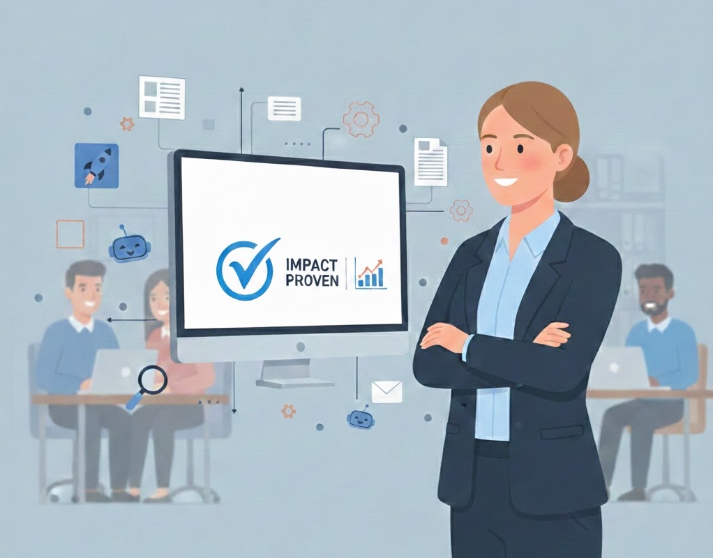 A lady with arms crossed looking at a screen showing the positive impact of Applyology