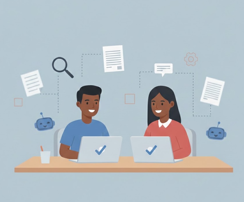 Two job seekers sitting at a table applying for jobs on laptops