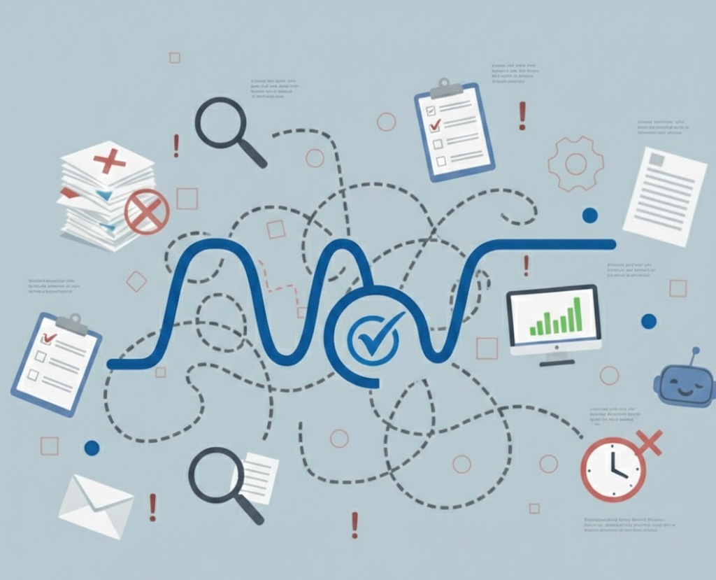 A complicated workflow process showing papers, a clock, deomstrating the challenge that has been figured out