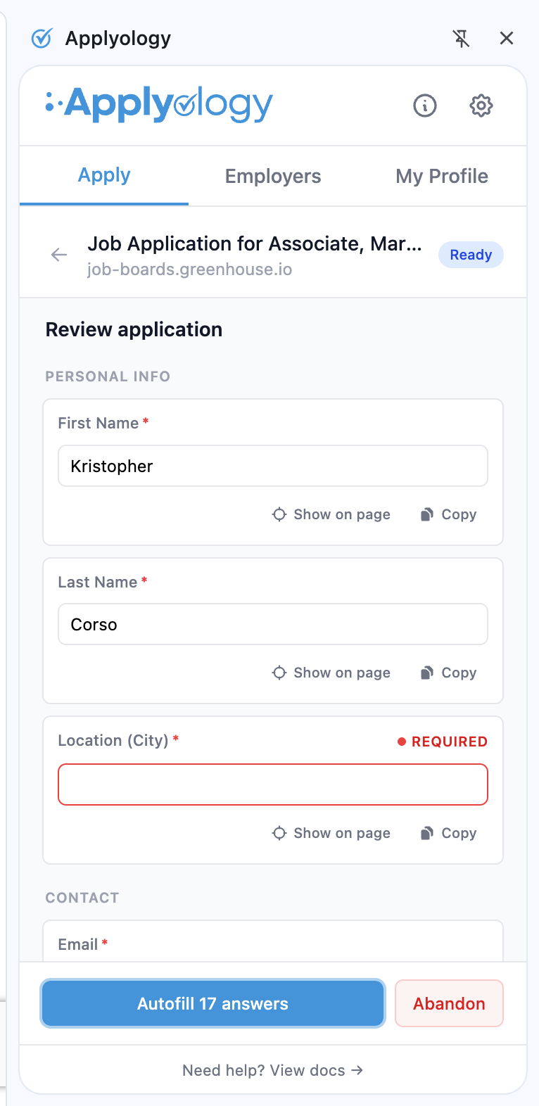 Applyology extension Review application view with the Abandon button highlighted