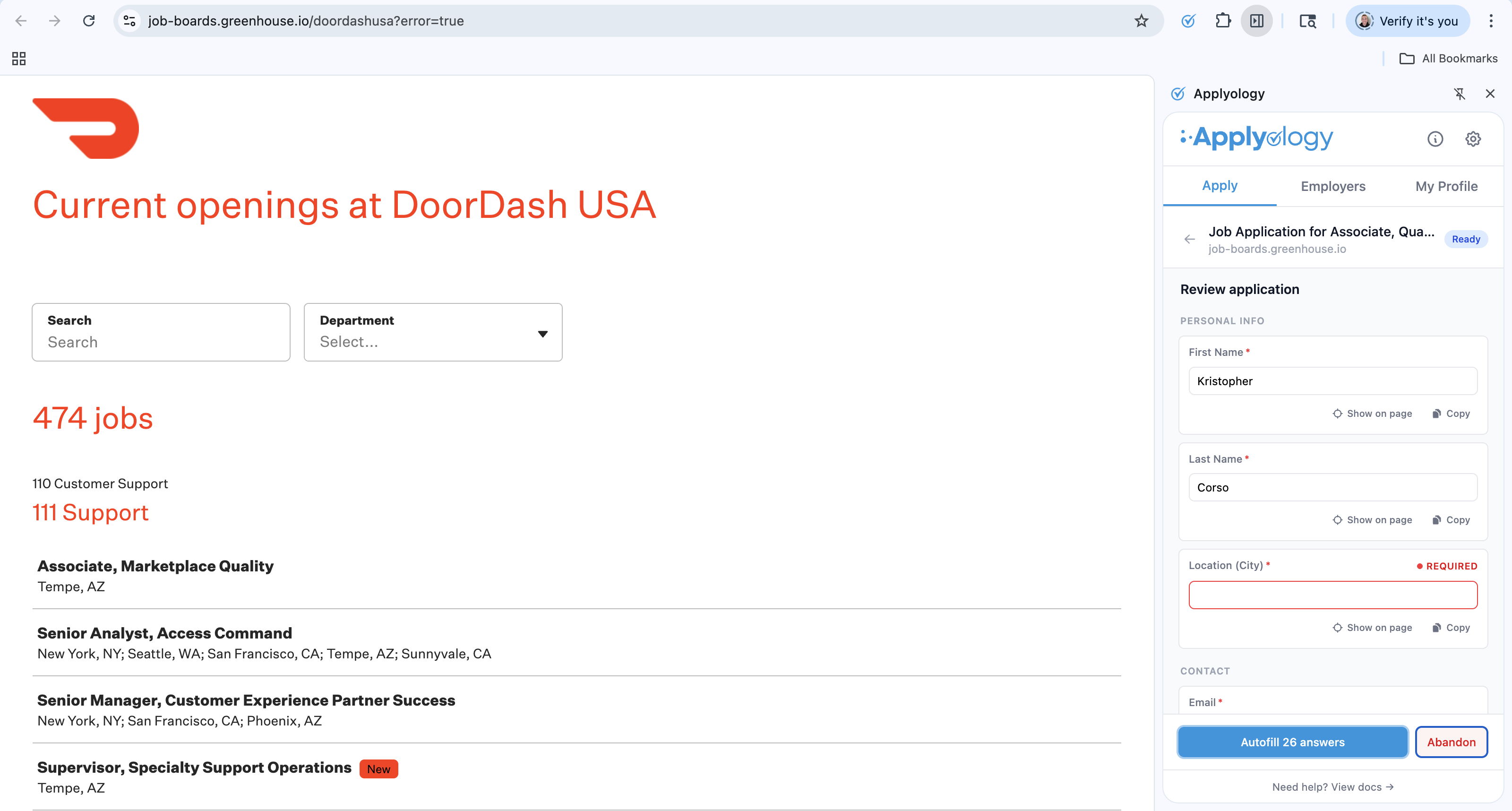 Job board redirected to a generic openings page because the original posting was removed, with the matching application still open in the Applyology extension