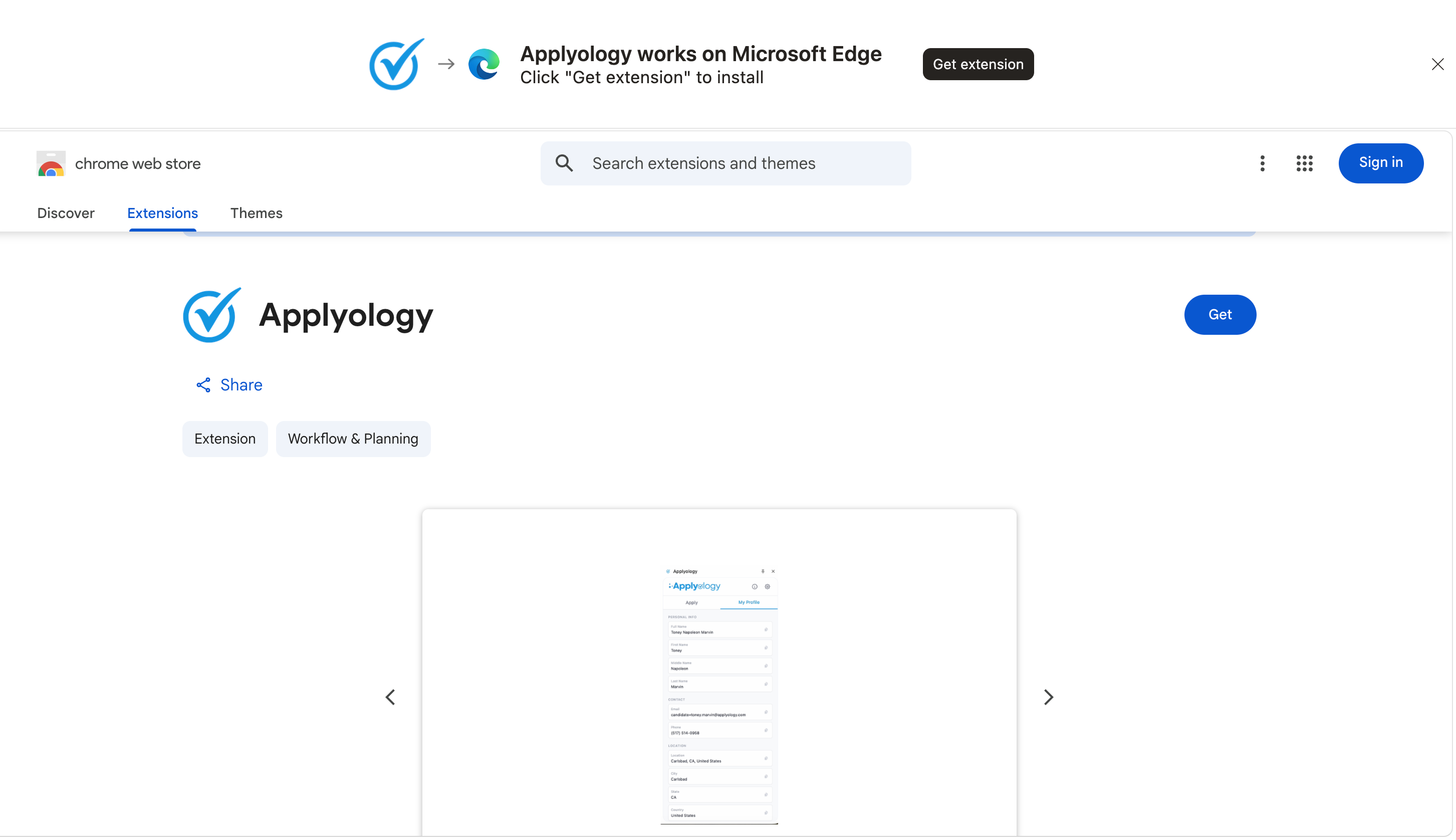 Applyology in the Chrome Web Store on Microsoft Edge with the Get extension button