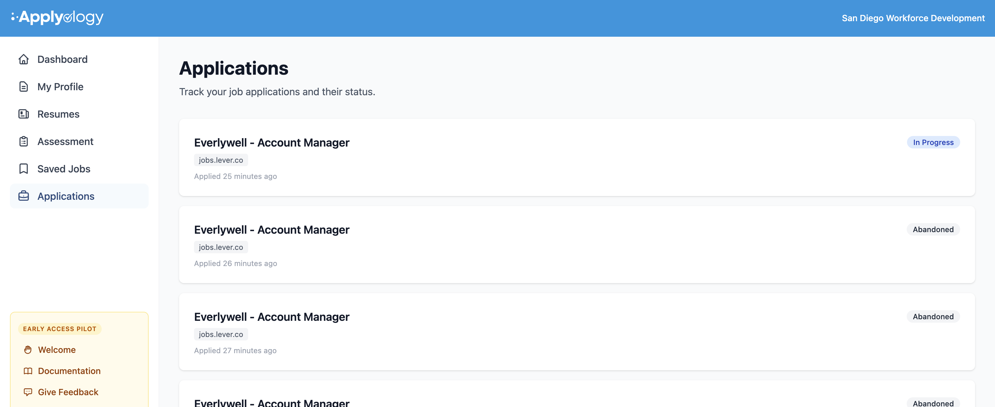 Applyology dashboard Applications page listing applications with In Progress and Abandoned status badges