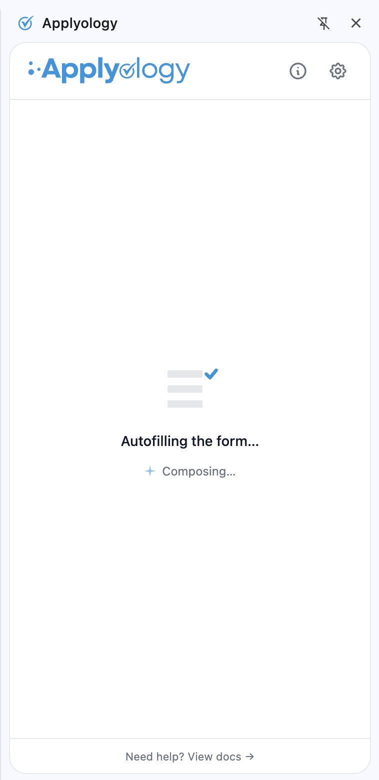 Applyology extension showing "Autofilling the form…" while it writes answers to the page