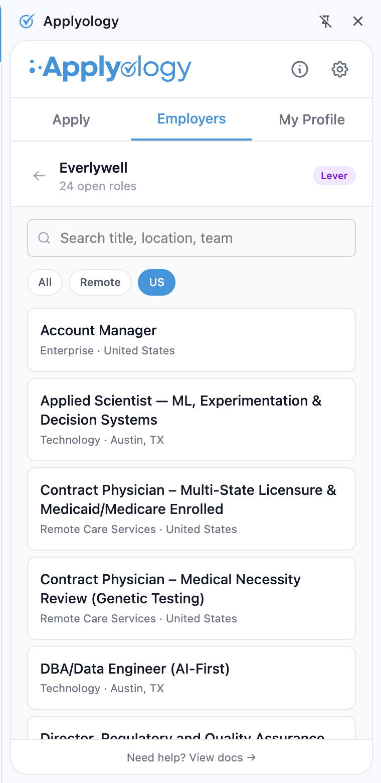 Applyology extension jobs view for Everlywell with All / Remote / US filters and a list of open roles