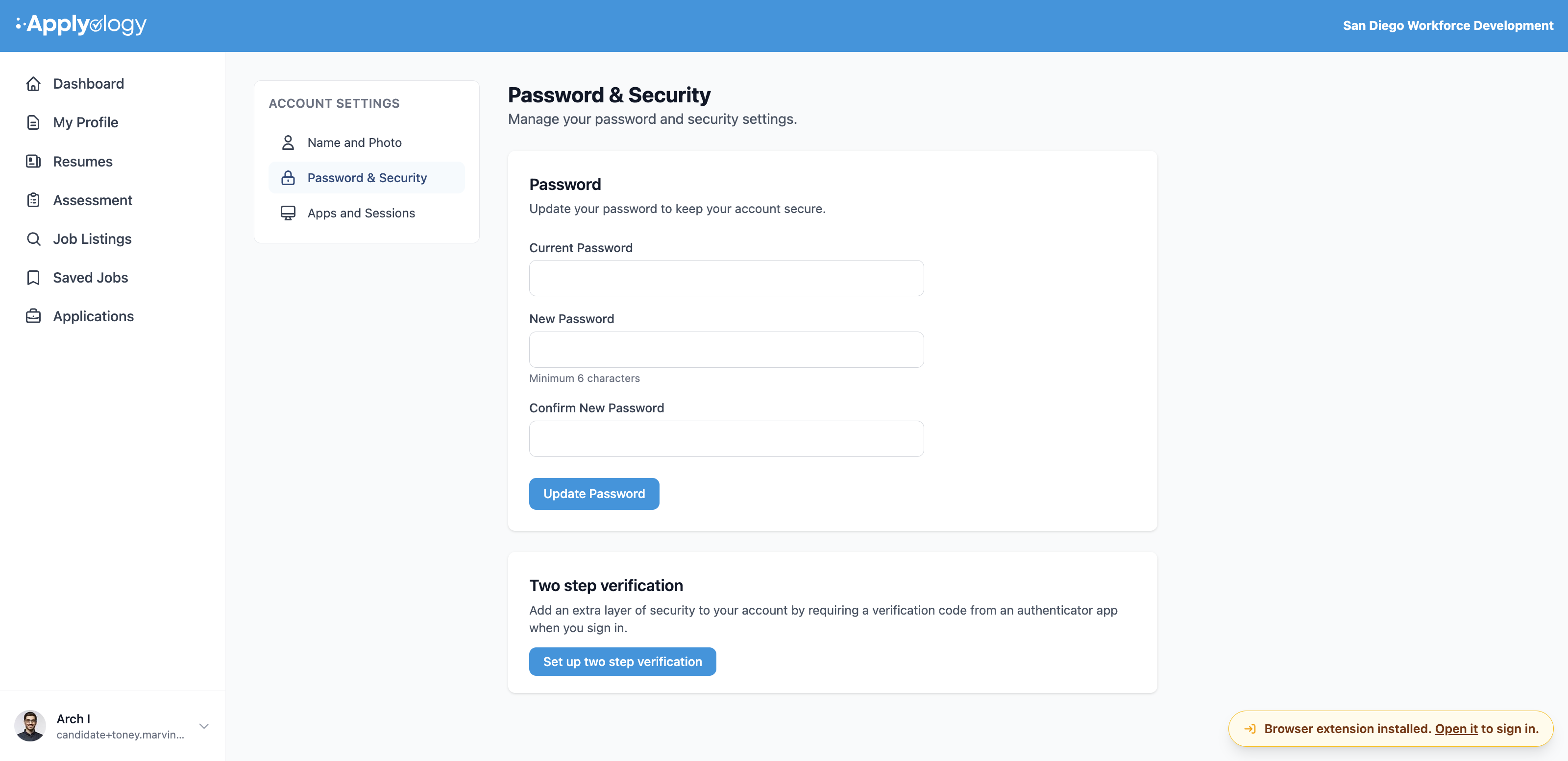 Applyology Account Settings Password & Security tab with the password update form and a Two step verification section
