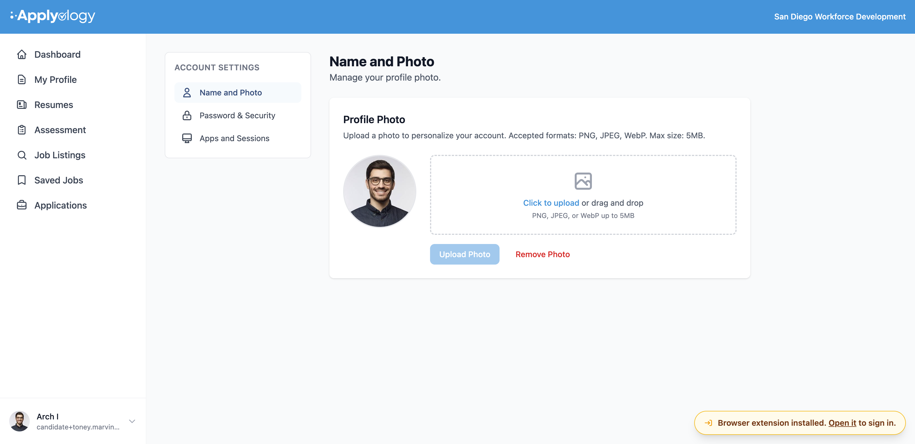 Applyology Account Settings page on the Name and Photo tab, with Password & Security and Apps and Sessions in the sidebar