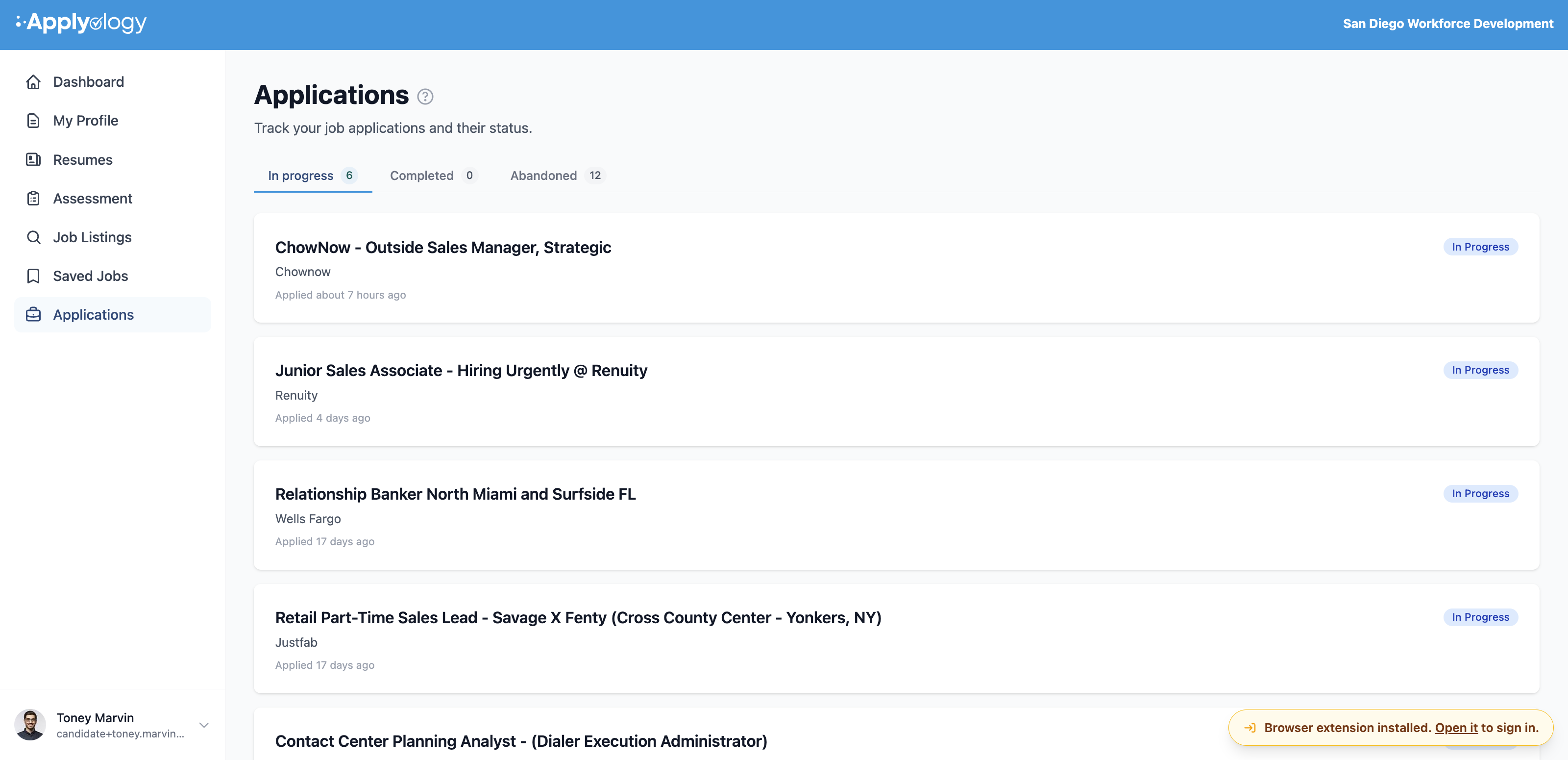 Applyology dashboard Applications page with In progress, Completed, and Abandoned tabs listing applications with status badges
