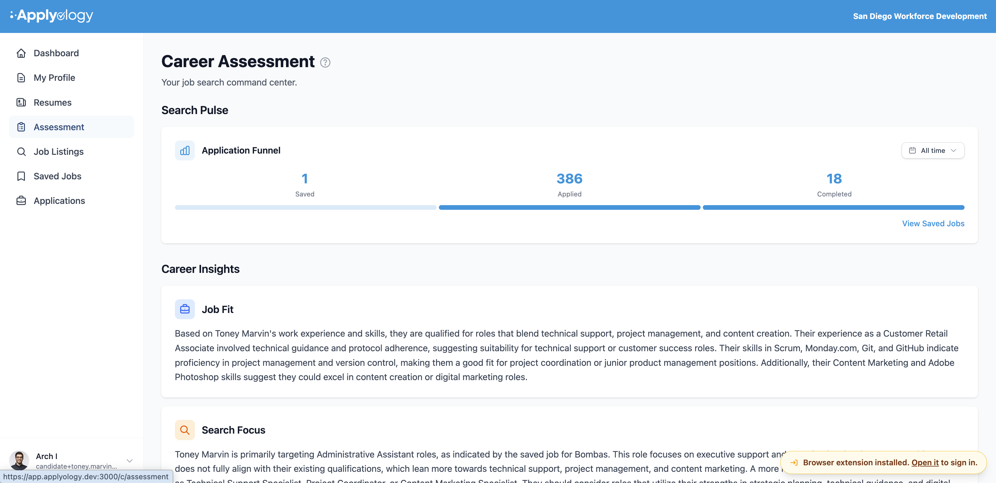 Applyology Assessment page showing the Application Funnel with Saved, Applied, and Completed counts, a time-period dropdown, and Career Insights below