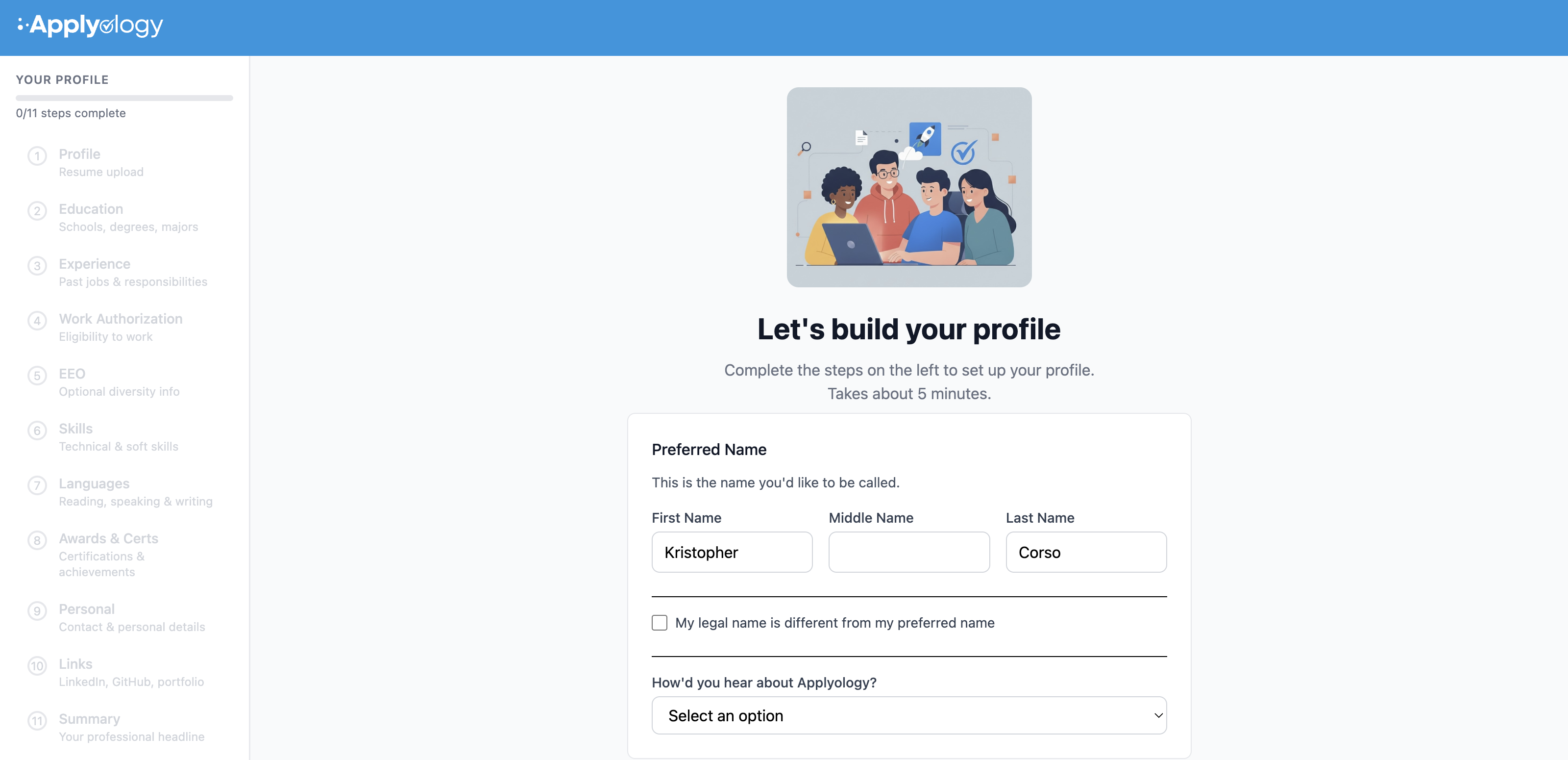 Applyology onboarding wizard "Let's build your profile" with a Your Profile step list (0/11 steps complete) on the left and the Preferred Name form on the right