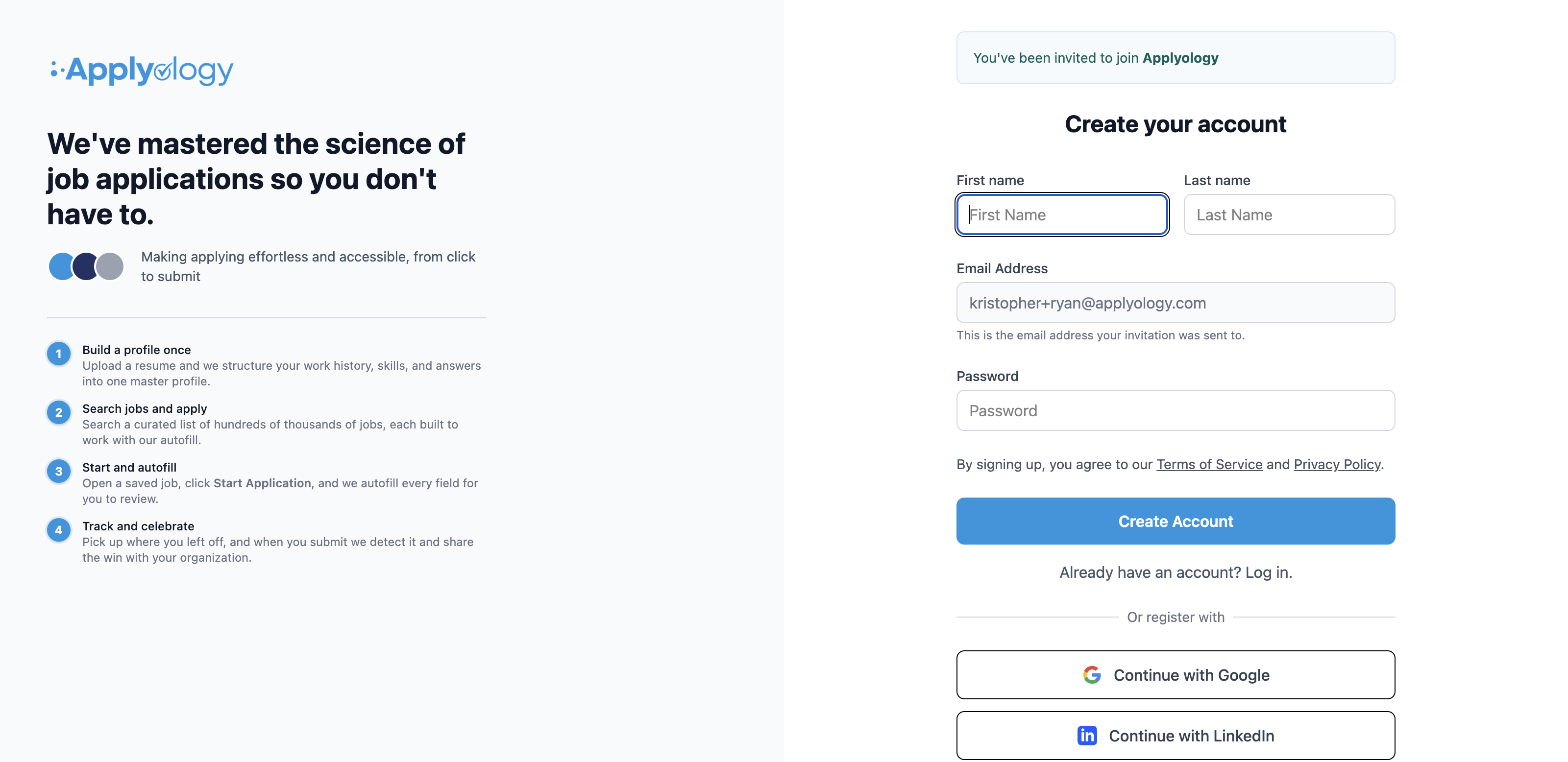 Applyology Create your account page with first name, last name, email, and password fields, plus Continue with Google and Continue with LinkedIn options