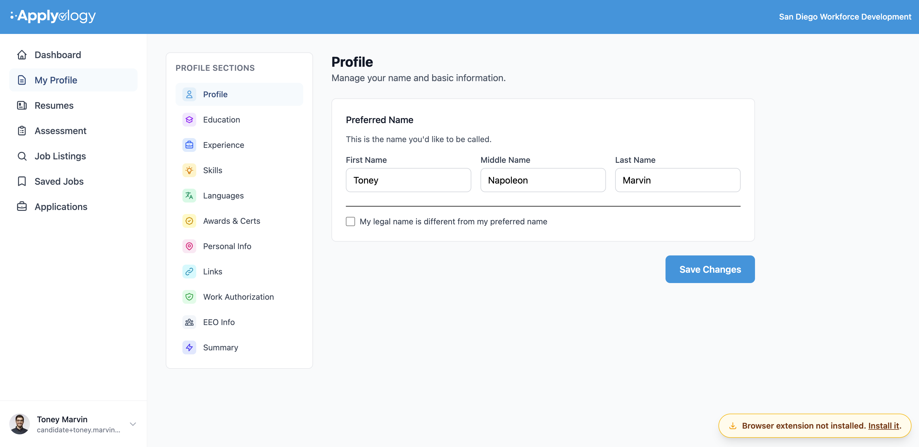 Applyology profile editor with a Profile Sections sidebar (Profile, Education, Experience, Skills, Languages, and more) and the Profile section's name fields with a Save Changes button