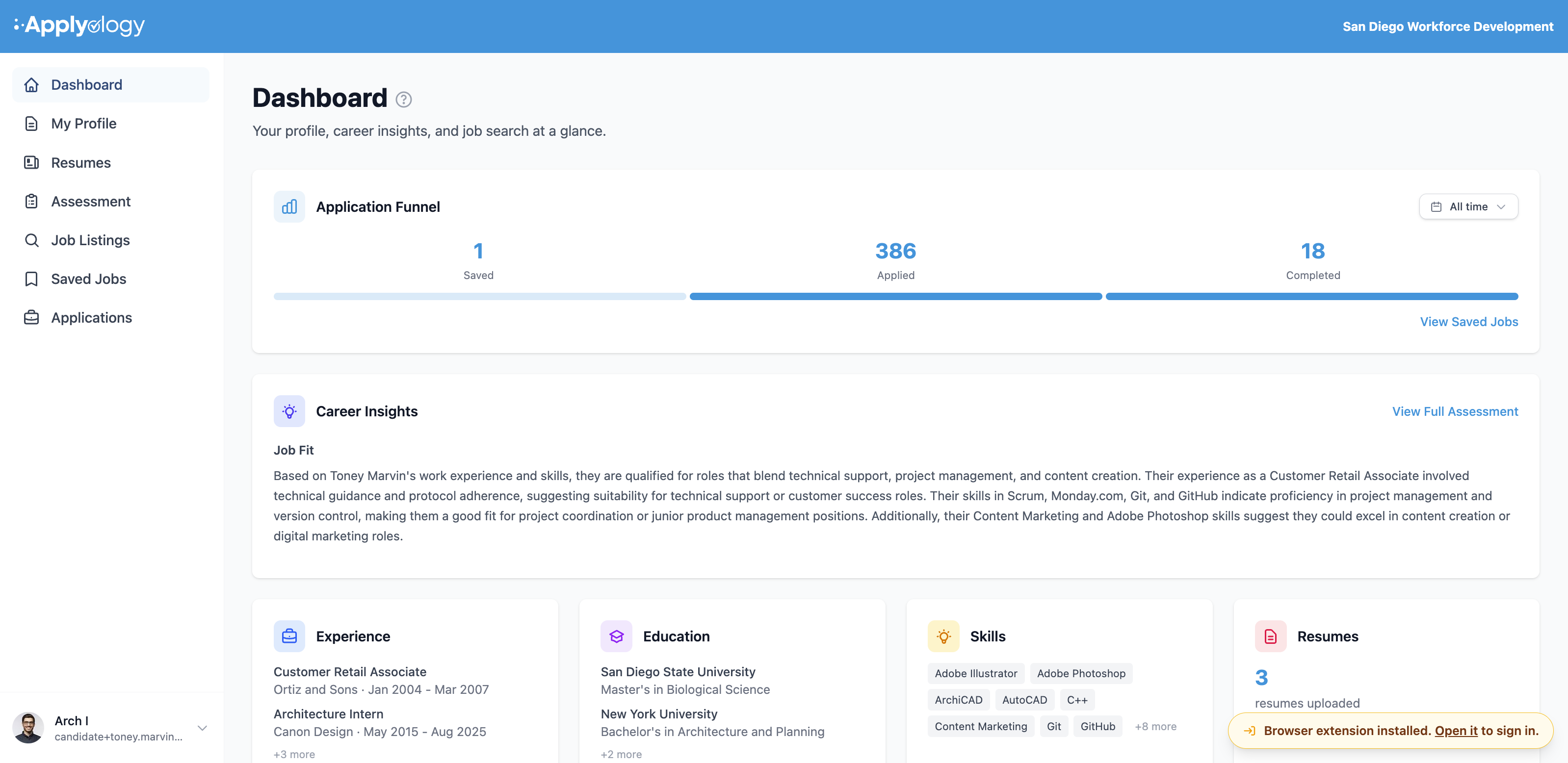 Applyology candidate dashboard home showing the Application Funnel, Career Insights, and Experience, Education, Skills, and Resumes summary cards