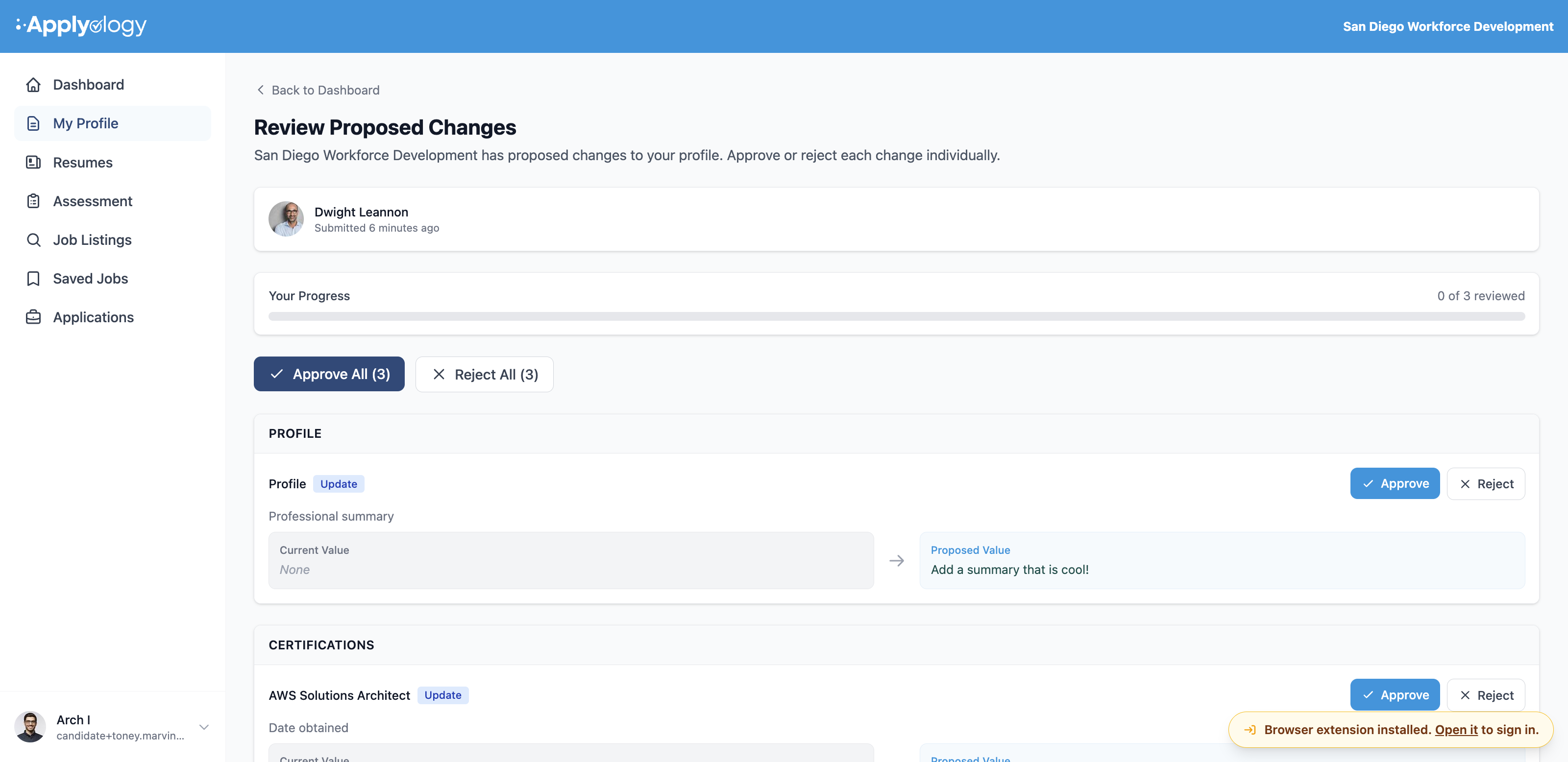 Applyology "Review Proposed Changes" page with a submitter card, a "Your Progress" bar tracking reviewed changes, Approve All / Reject All buttons, and Profile and Certifications changes each with Approve and Reject actions
