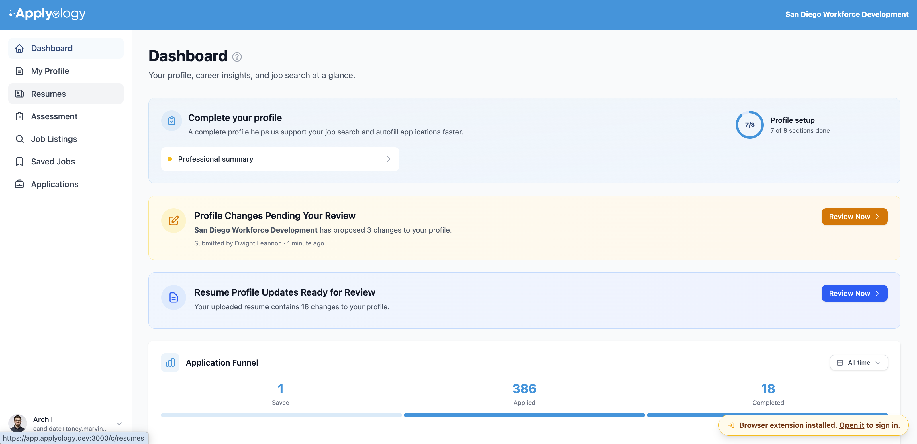 Applyology candidate dashboard with a "Profile Changes Pending Your Review" banner and a "Resume Profile Updates Ready for Review" banner, each with a Review Now button