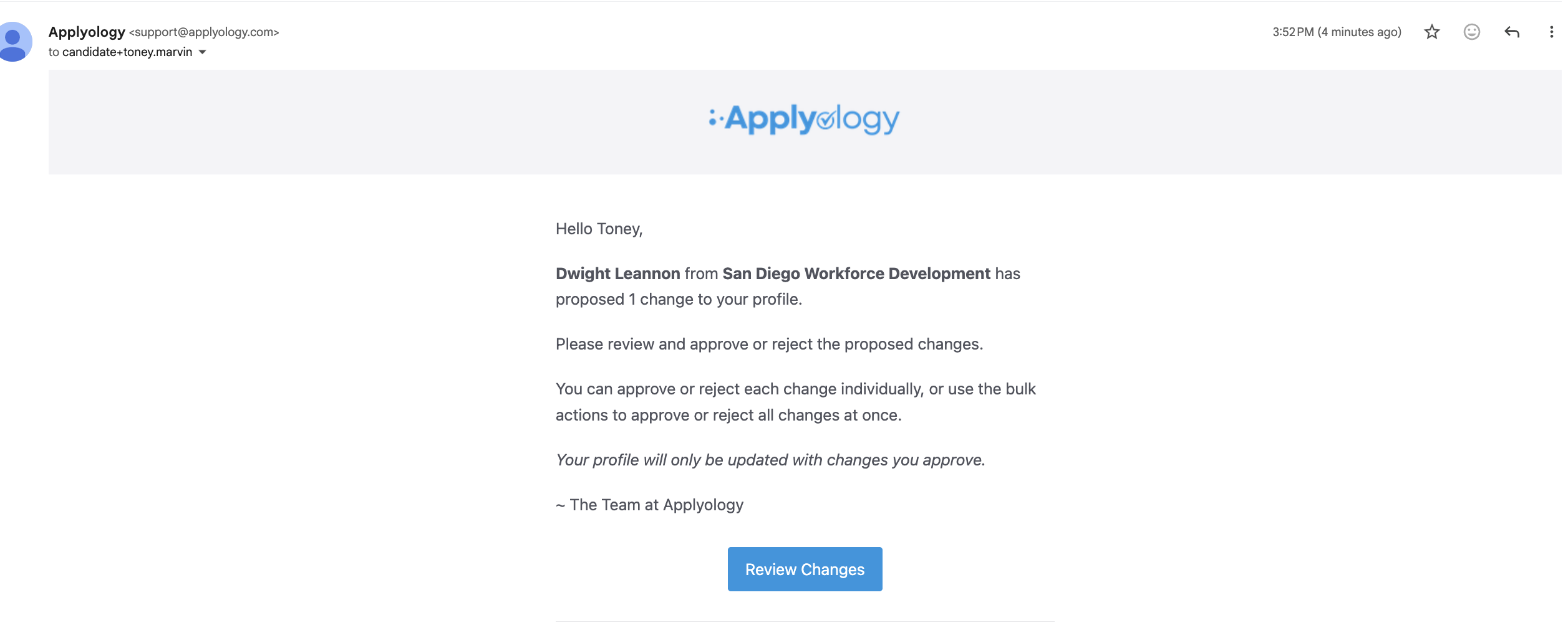 Applyology email telling the candidate that a member has proposed a change to their profile, with a Review Changes button