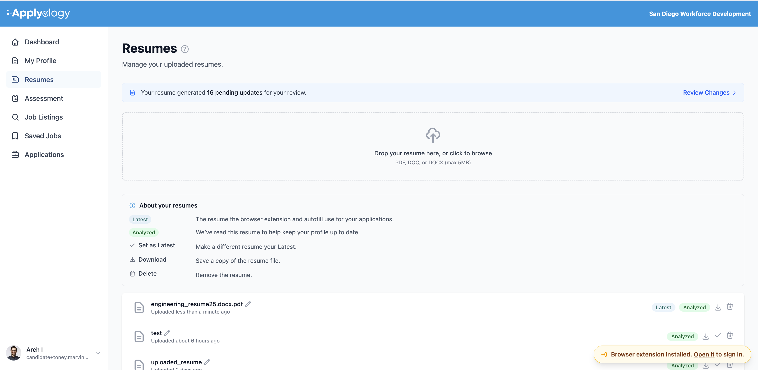 Applyology Resumes page with a banner reading "Your resume generated 16 pending updates for your review" and a Review Changes link