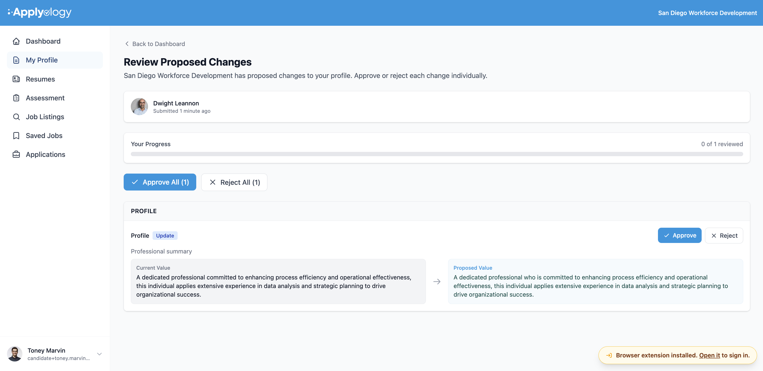 Applyology "Review Proposed Changes" page for an organization proposal, showing Approve All / Reject All, a progress bar, and a Professional summary change with current and proposed values