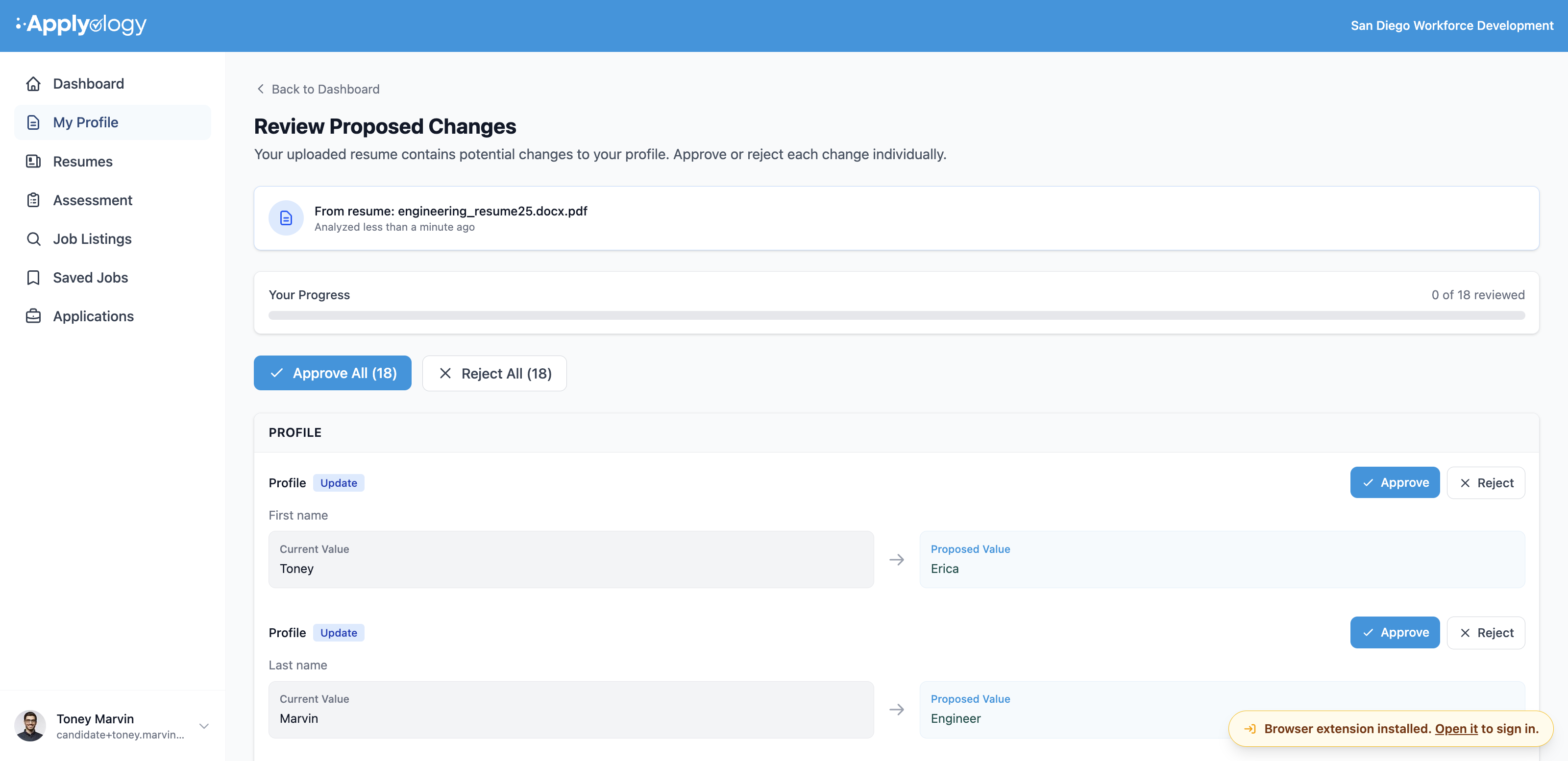 Applyology "Review Proposed Changes" page for resume-sourced changes, showing First name and Last name updates with current and proposed values