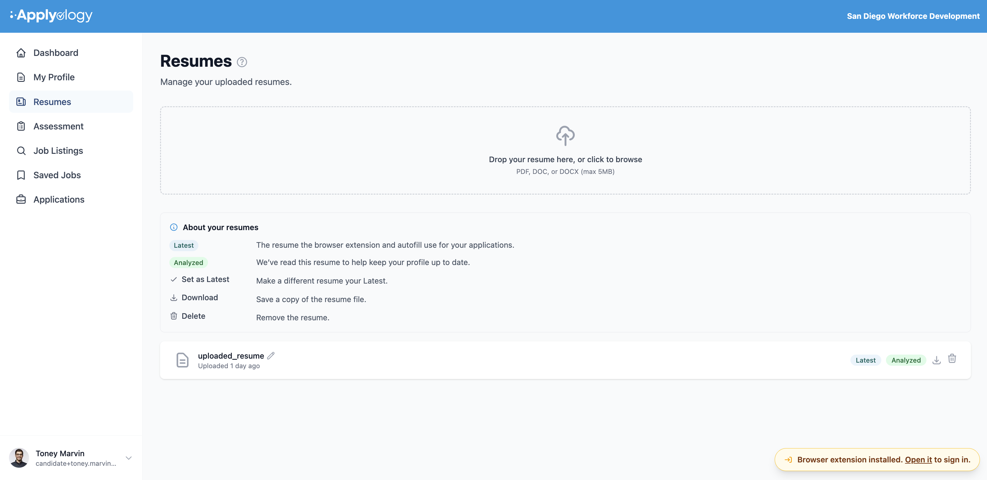 Applyology Resumes page with a drag-and-drop upload area, an "About your resumes" legend explaining the badges and actions, and an uploaded resume marked Latest and Analyzed with download and delete actions