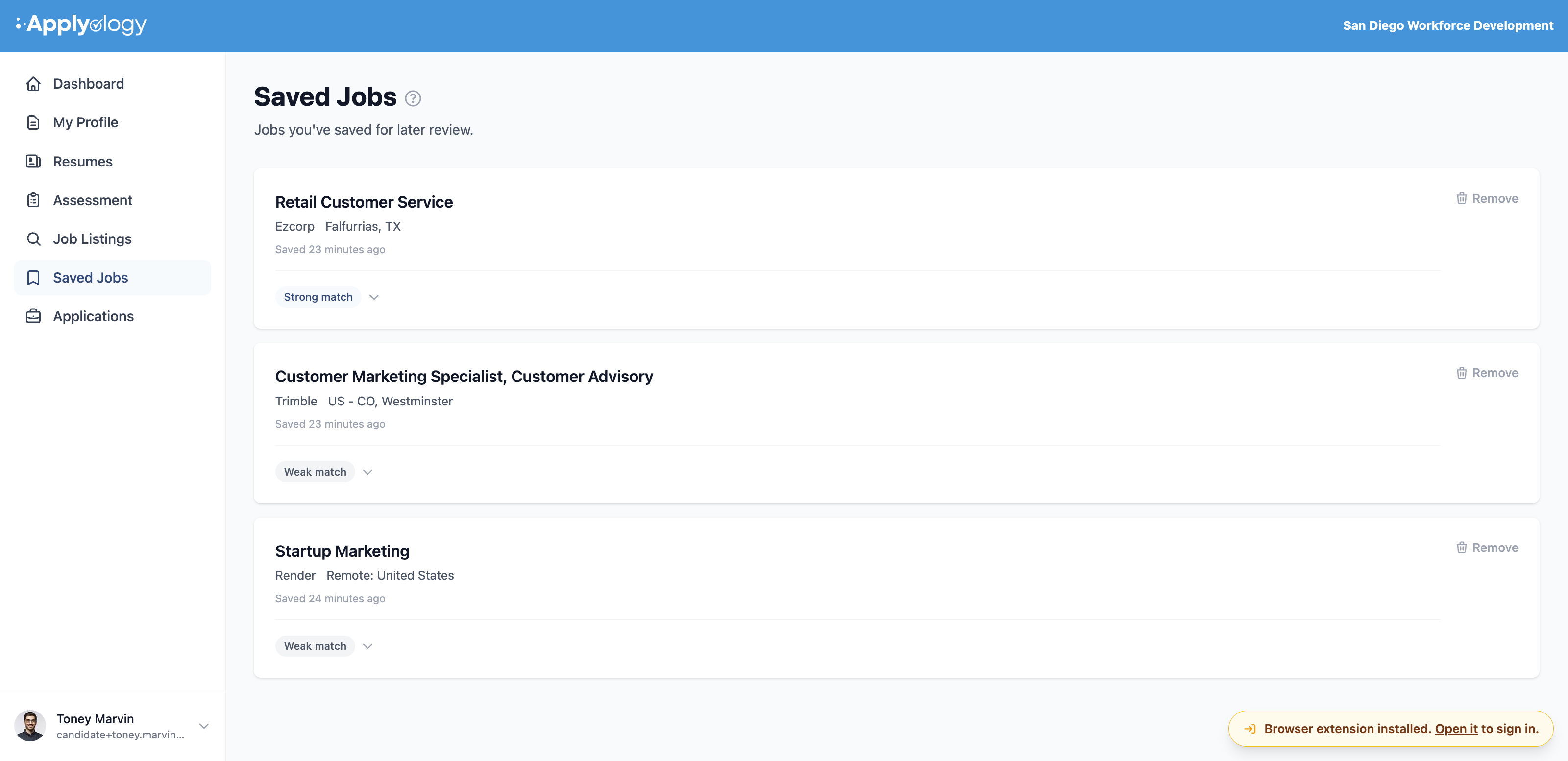 Applyology Saved Jobs page listing saved roles, each with an expandable match rating badge (for a fit summary and strengths and gaps) and a Remove button