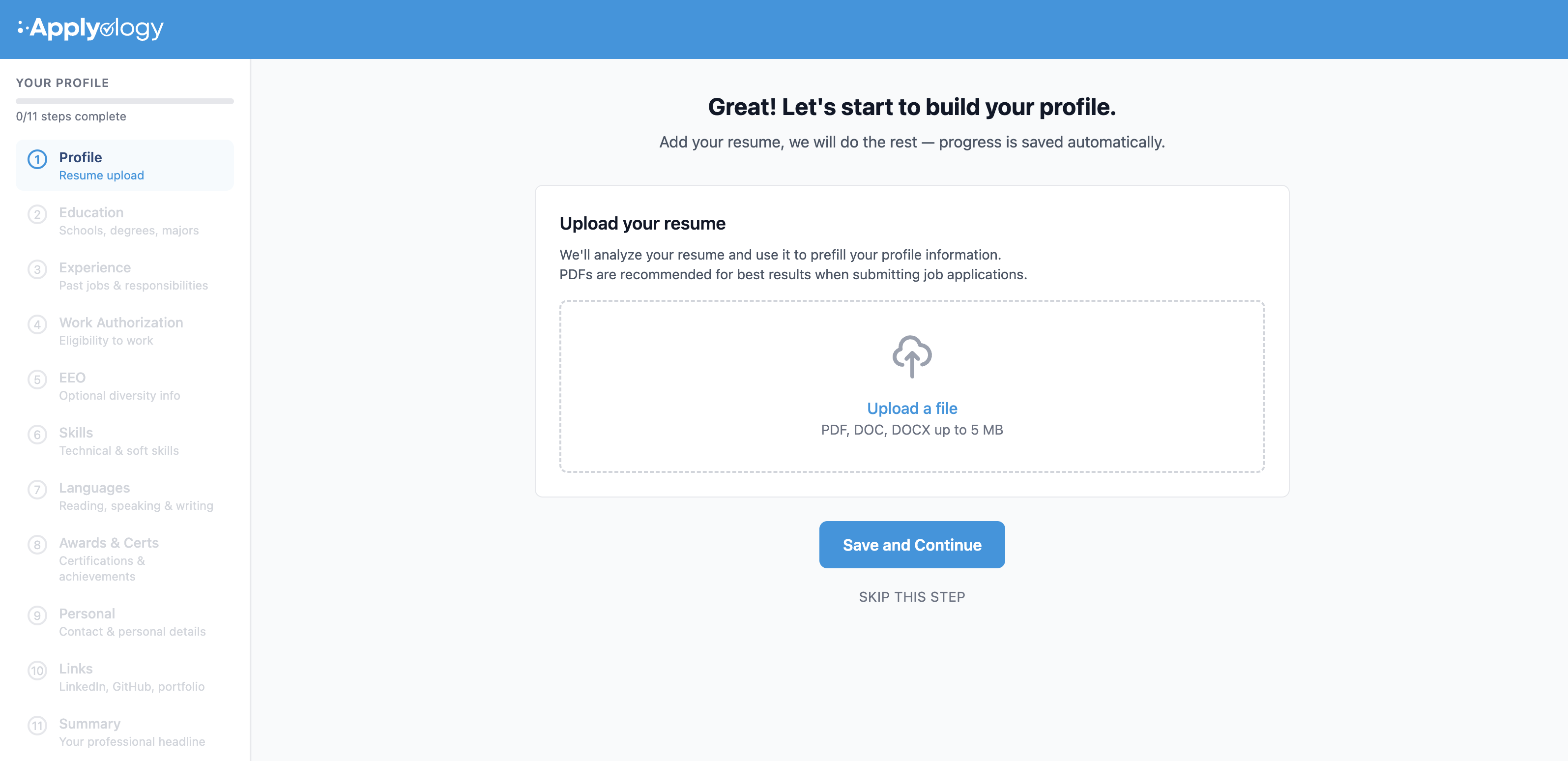 Applyology onboarding resume-upload step with an "Upload a file" dropzone, Save and Continue button, and a Skip This Step link