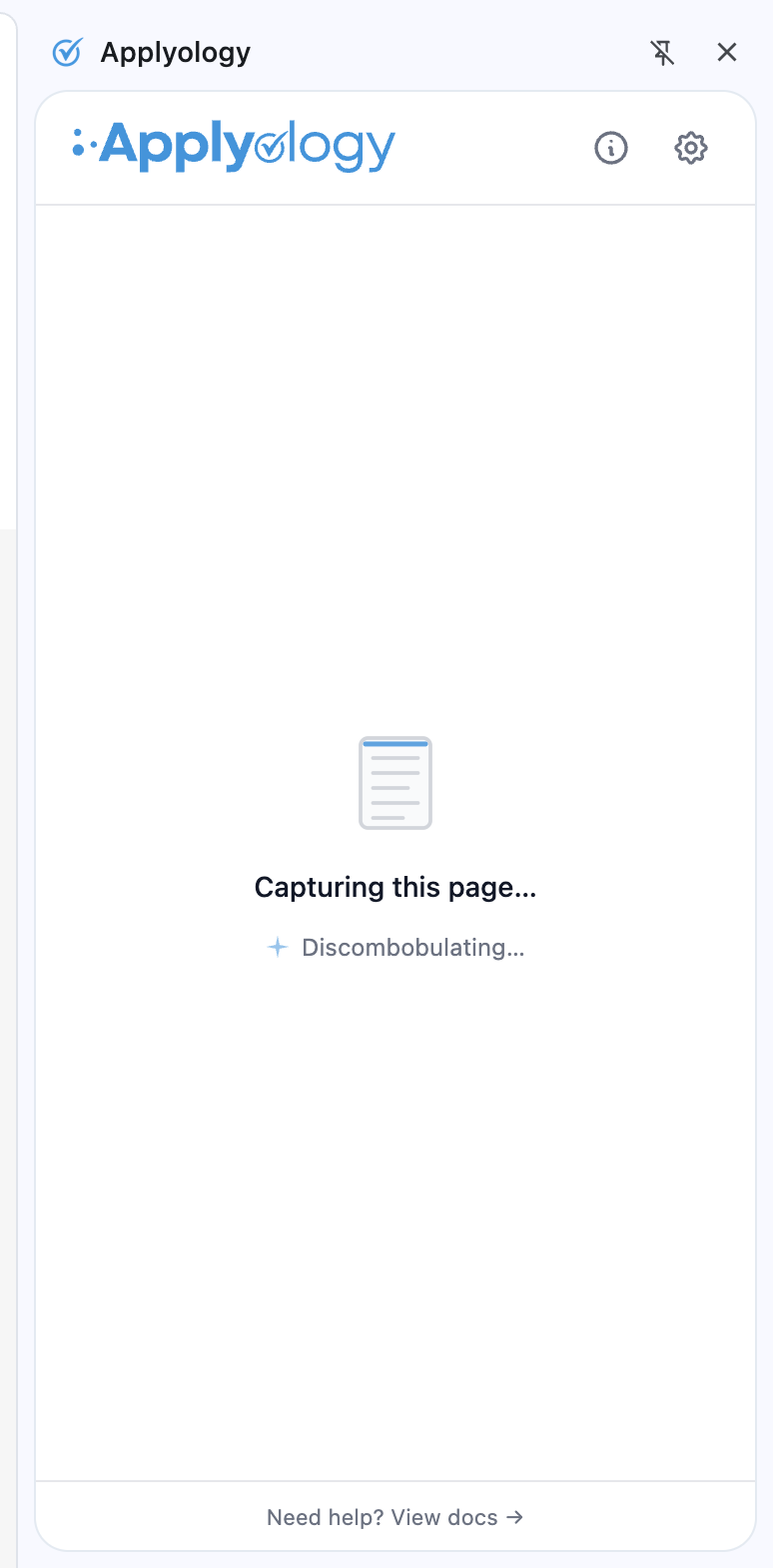 Applyology extension showing "Capturing this page…" while it reads the form fields