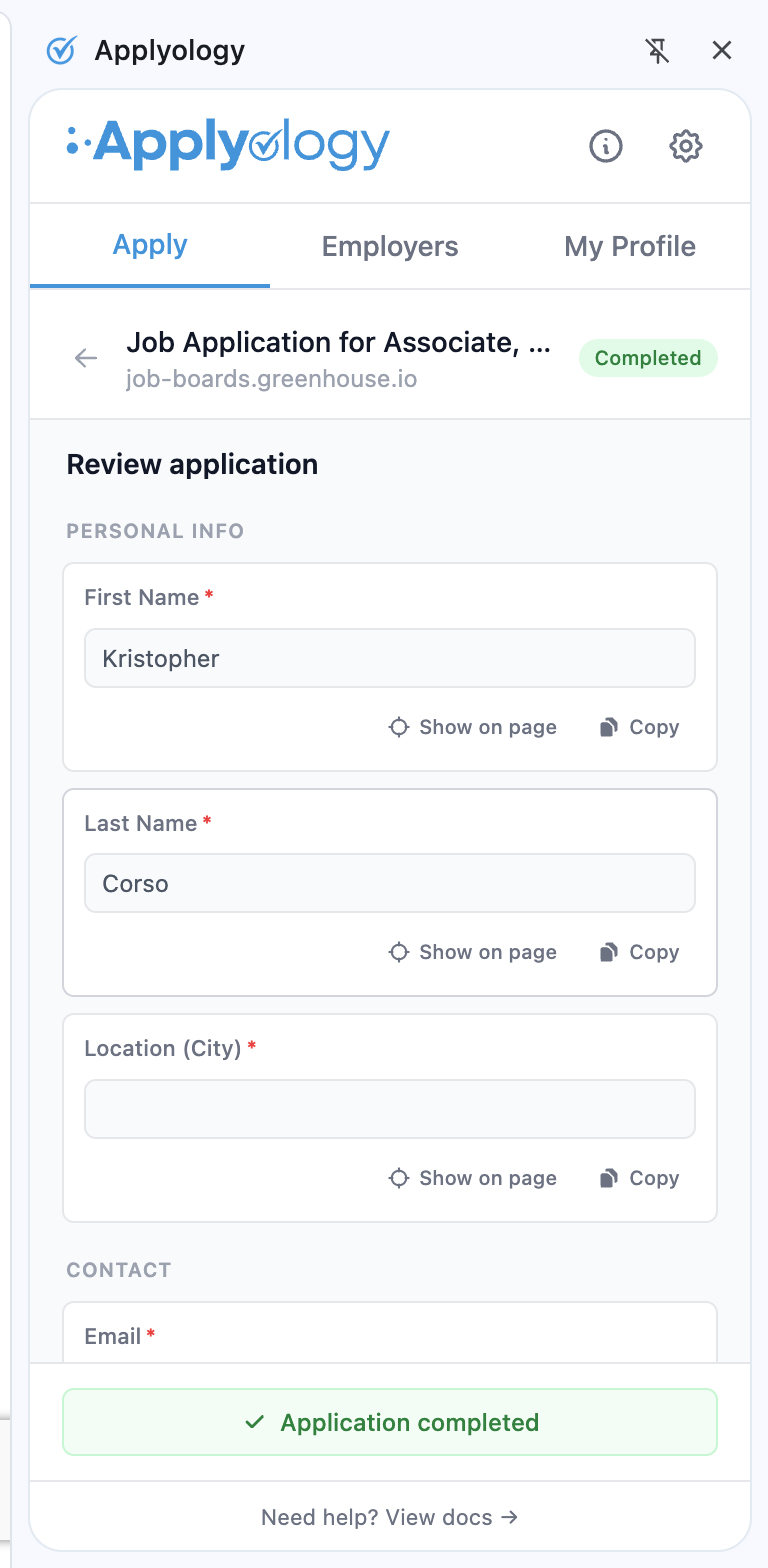 Applyology extension showing an application that was auto-marked complete, with a green Completed pill and the "Application completed" footer
