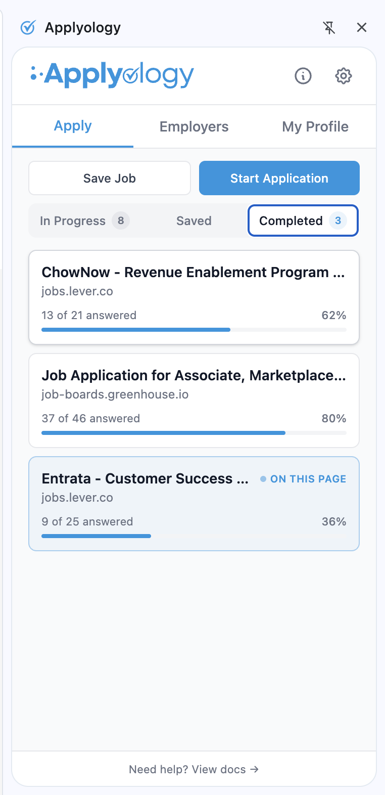 Applyology extension Apply tab Completed segment showing finished applications with progress bars