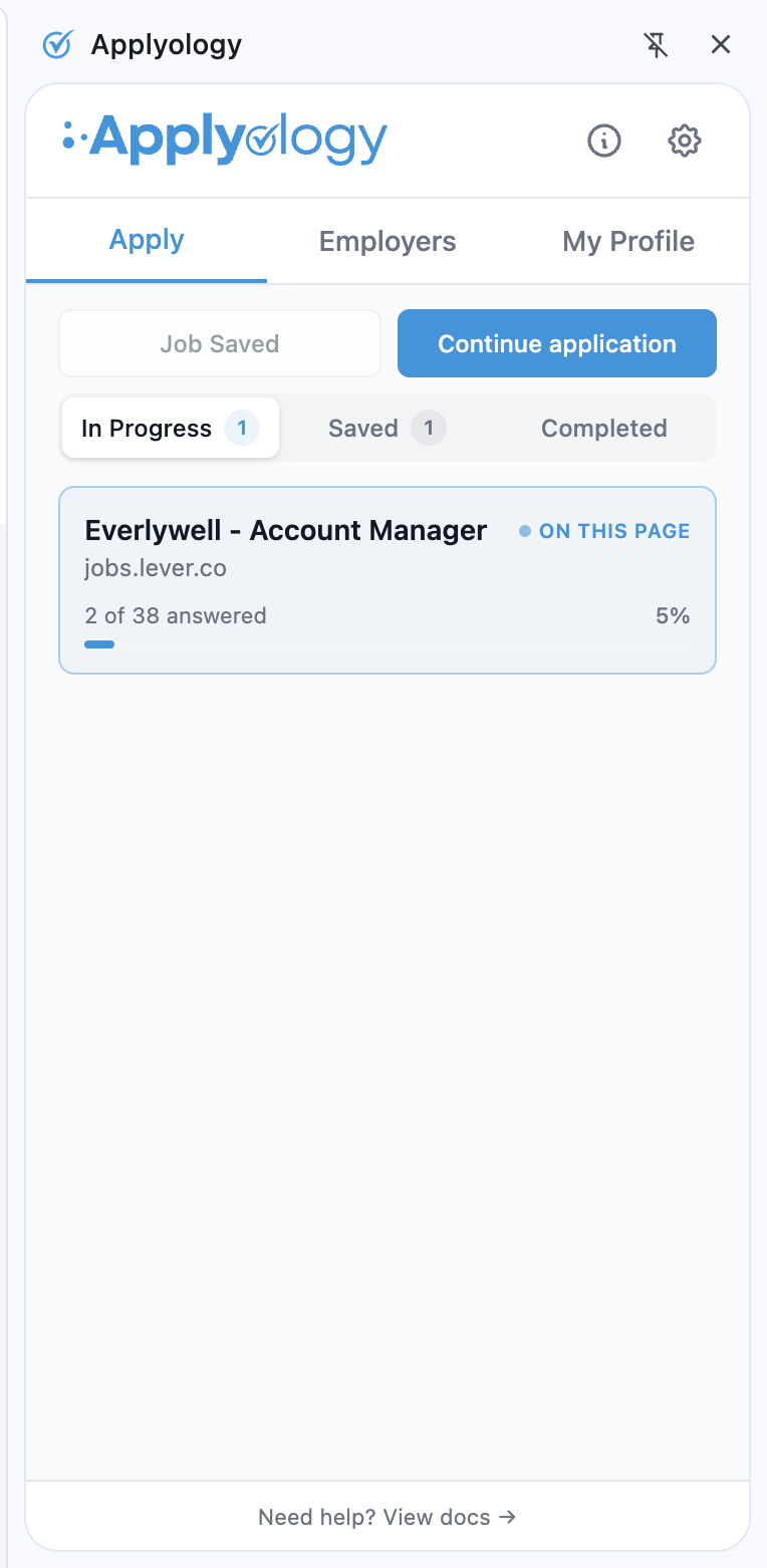 Applyology extension Apply tab showing an in-progress application with the On This Page badge and Continue application button