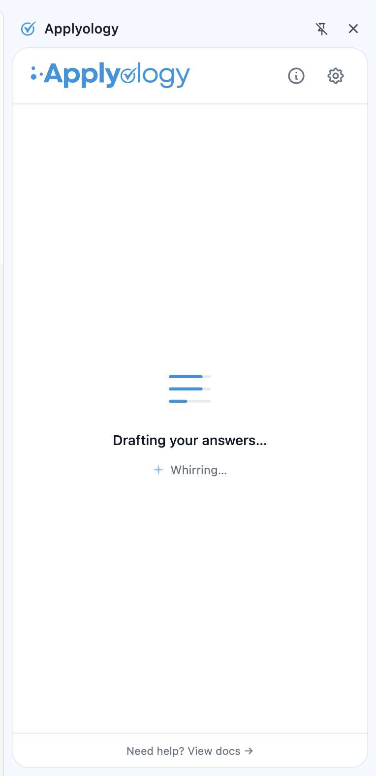 Applyology extension showing "Drafting your answers…" while it generates suggested answers