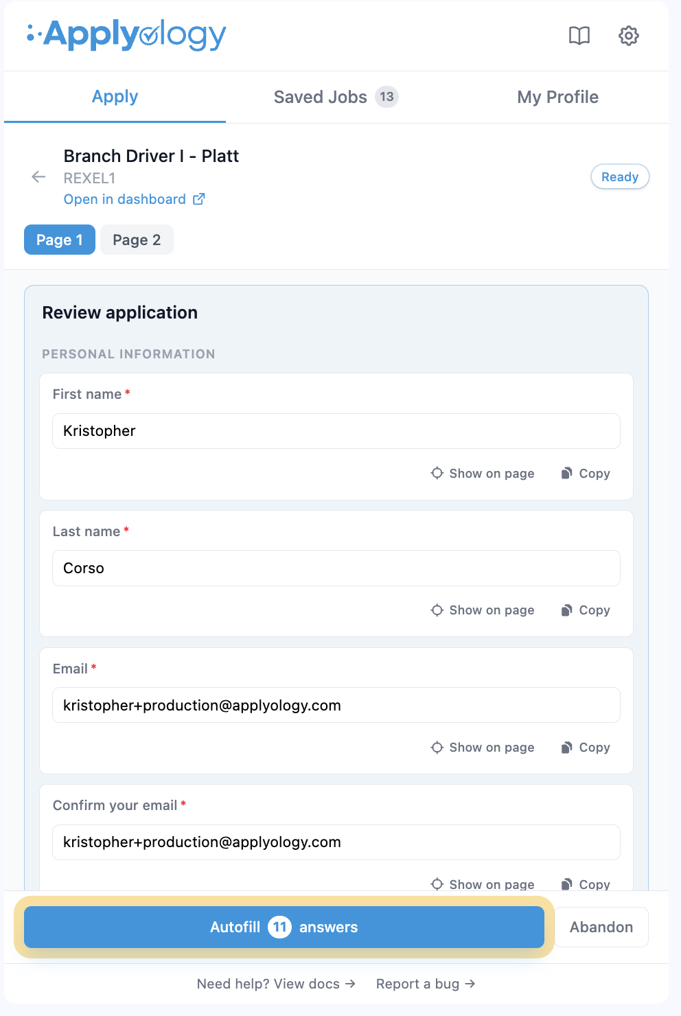 Applyology Review application view after reopening, with a highlighted "Autofill 11 answers" button
