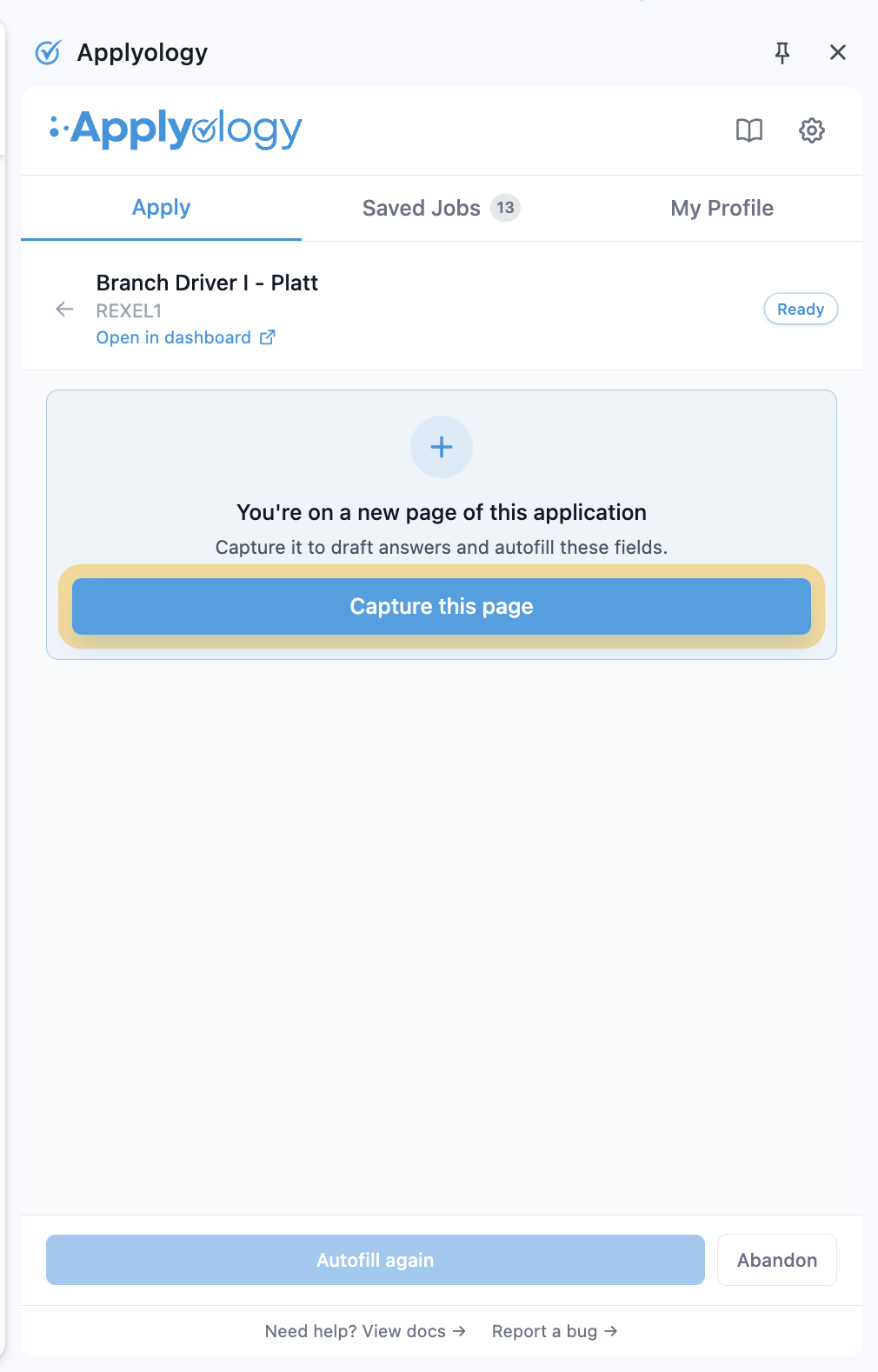 Applyology Apply tab prompting "You're on a new page of this application" with a highlighted "Capture this page" button