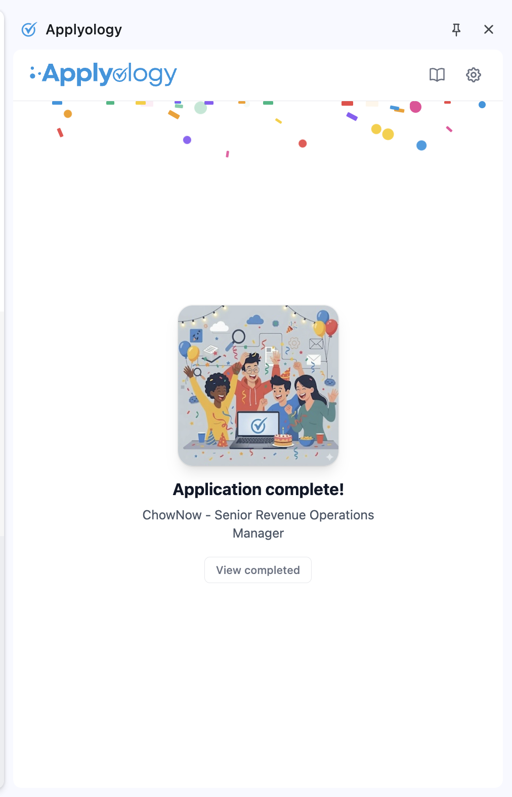 Applyology extension celebration reading "Application complete!" with confetti and a "View completed" button