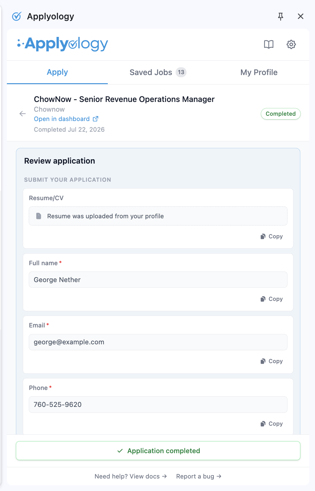 Applyology completed application view with a green Completed pill, an "Application completed" footer, and read-only answer cards