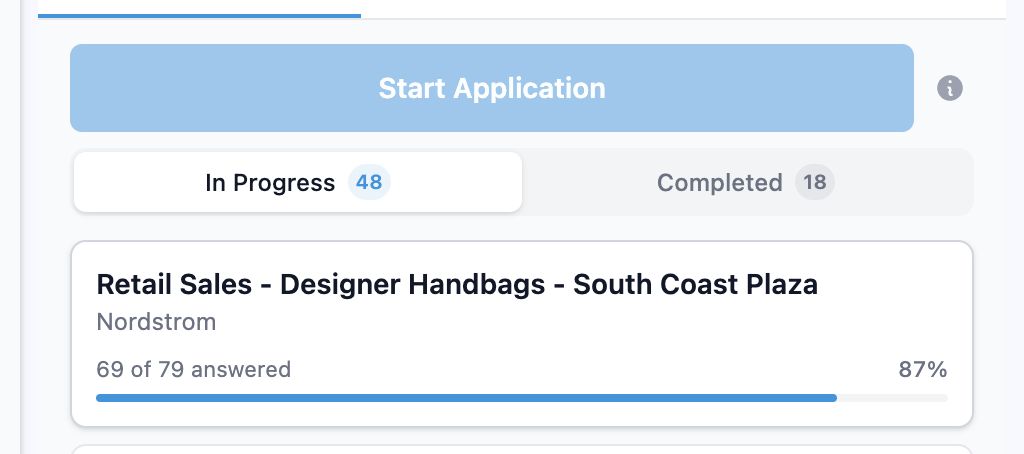 Applyology Apply tab In Progress and Completed segments with counts, and an in-progress application card showing the title, company, and a progress bar