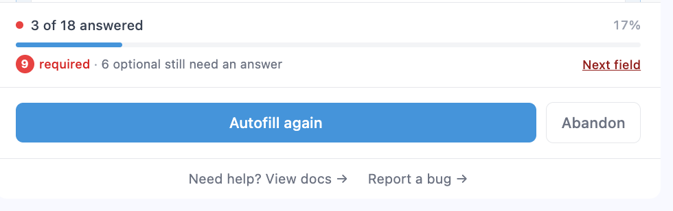 Applyology progress bar reading "3 of 18 answered" with "9 required" remaining and a "Next field" link to skip to the next unanswered field