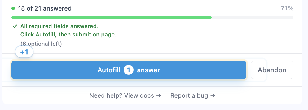 Applyology progress bar with an "All required fields answered" note, a "+1" badge, and a highlighted "Autofill 1 answer" button