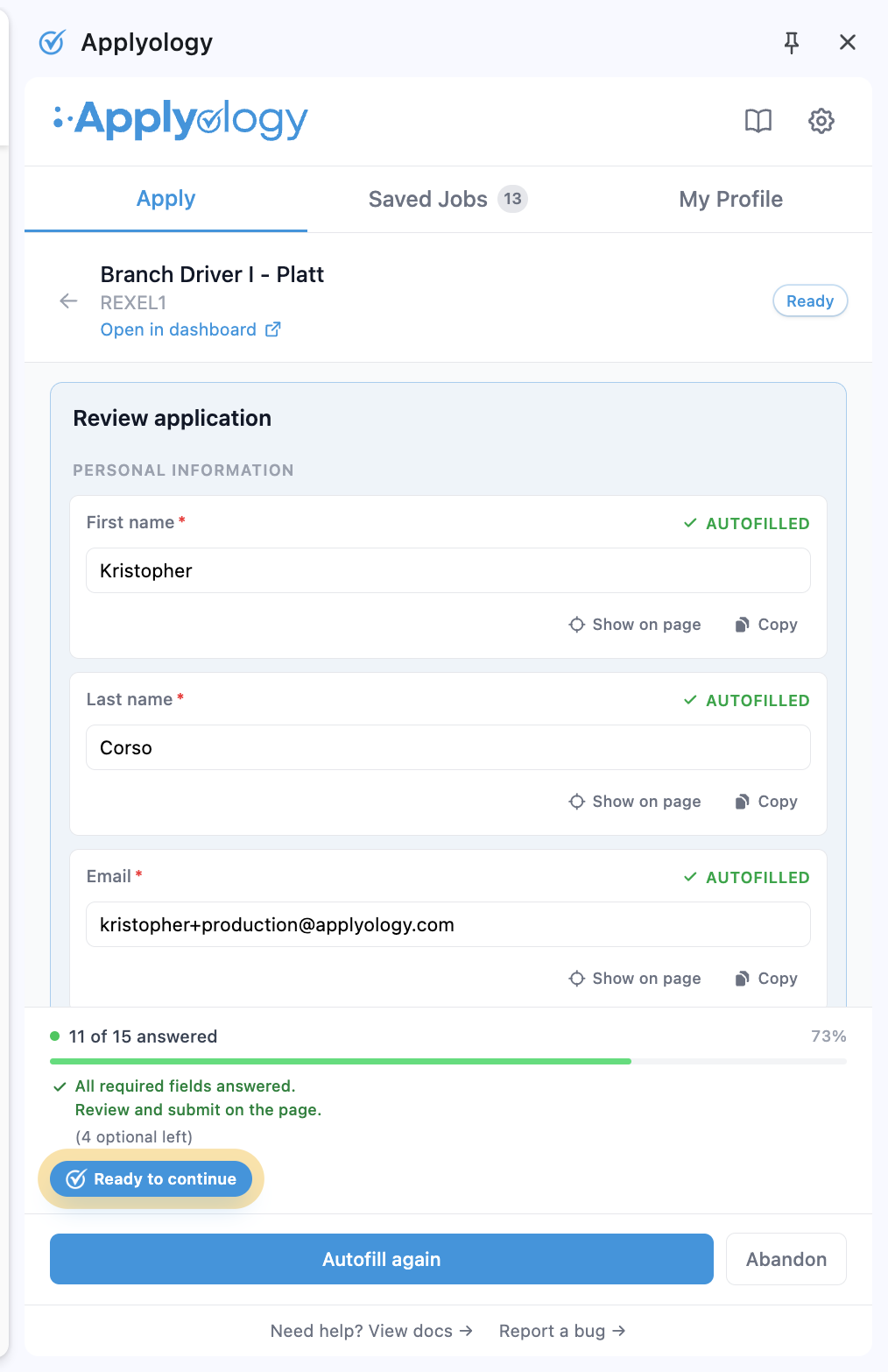 Applyology Review application view with First name, Last name, and Email cards marked Autofilled