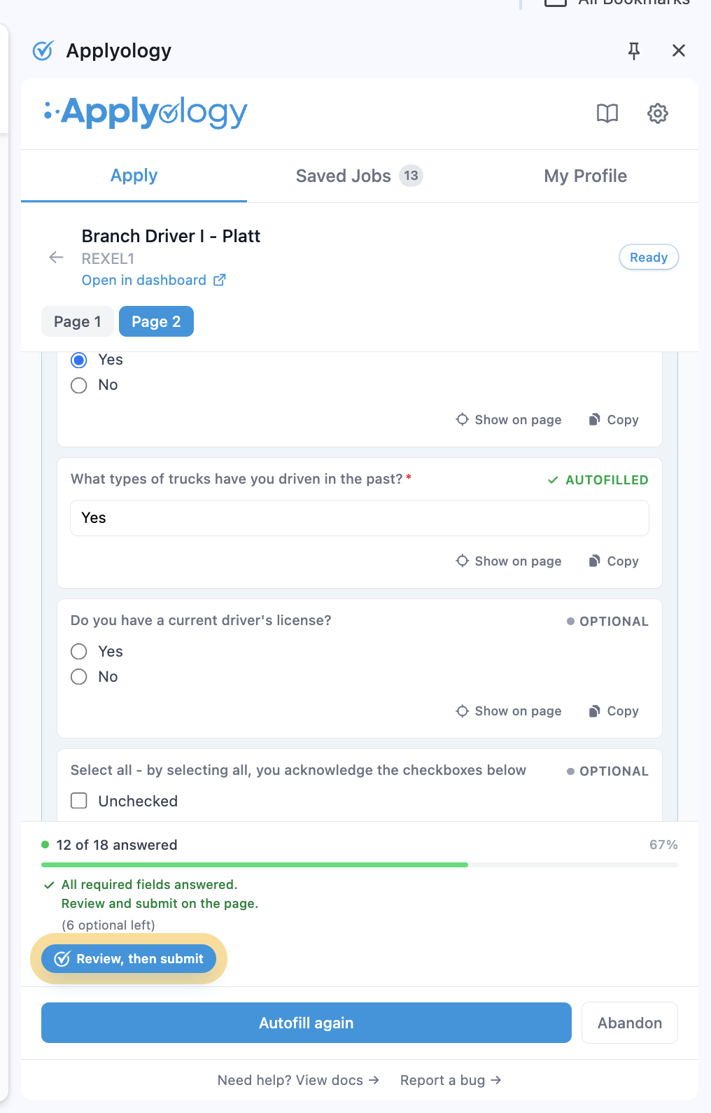 Applyology Apply tab with an "All required fields answered" banner and a highlighted "Review, then submit" button, with Page 1 and Page 2 tabs