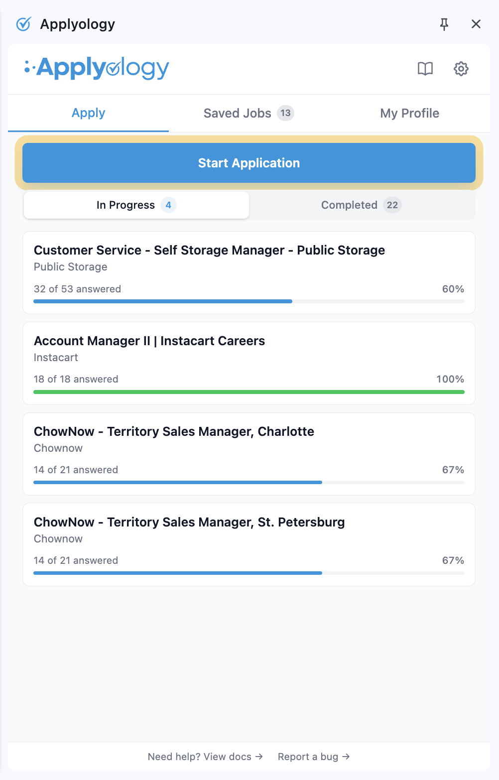 Applyology Apply tab with the Start Application button highlighted, above the In Progress and Completed segments