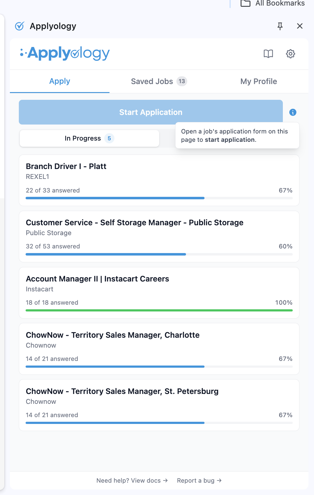 Applyology Apply tab with the Start Application button disabled and a tooltip reading "Open a job's application form on this page to start application"