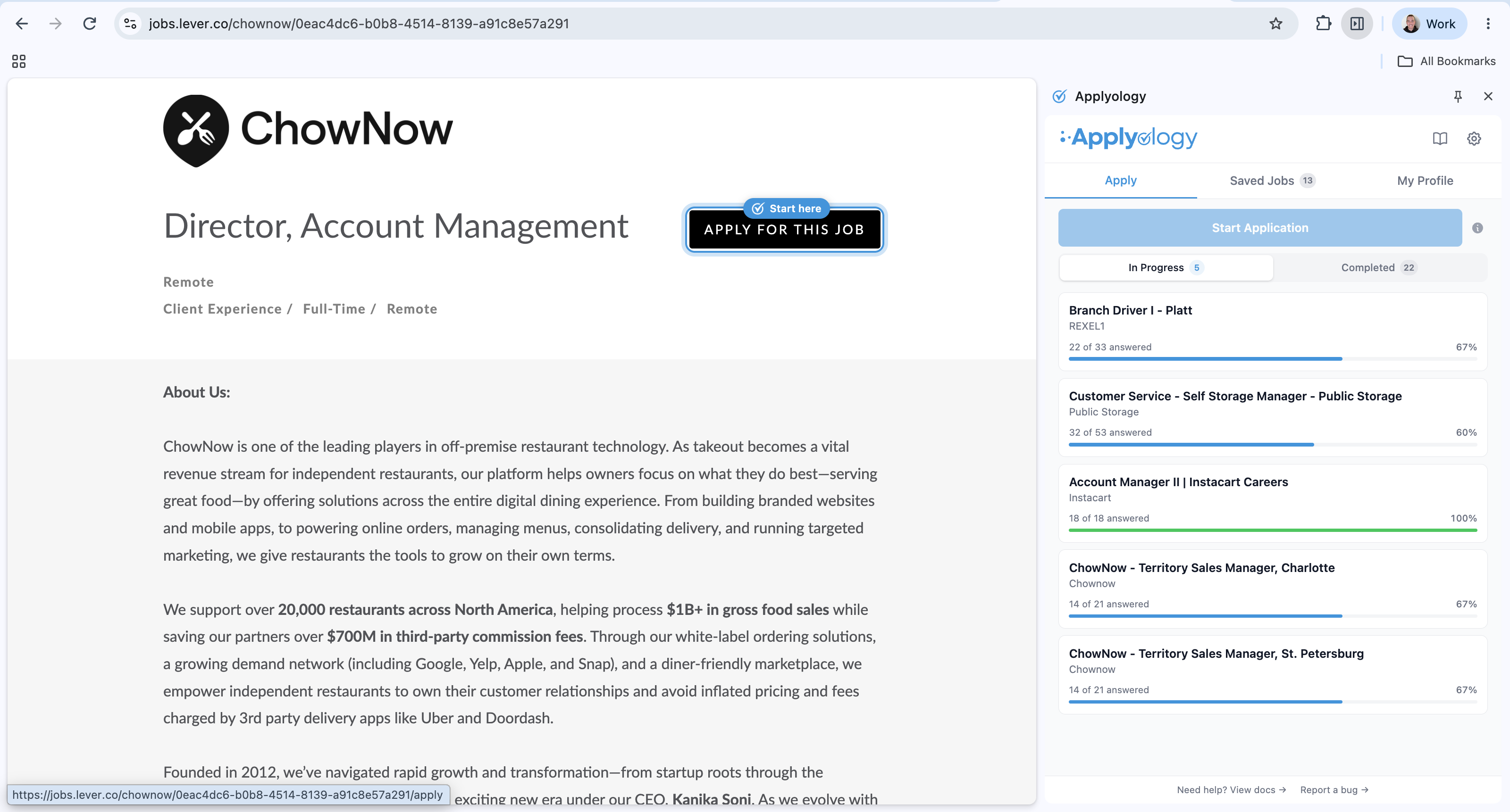 Lever job posting with the "Apply for this job" button highlighted by an Applyology "Start here" ring