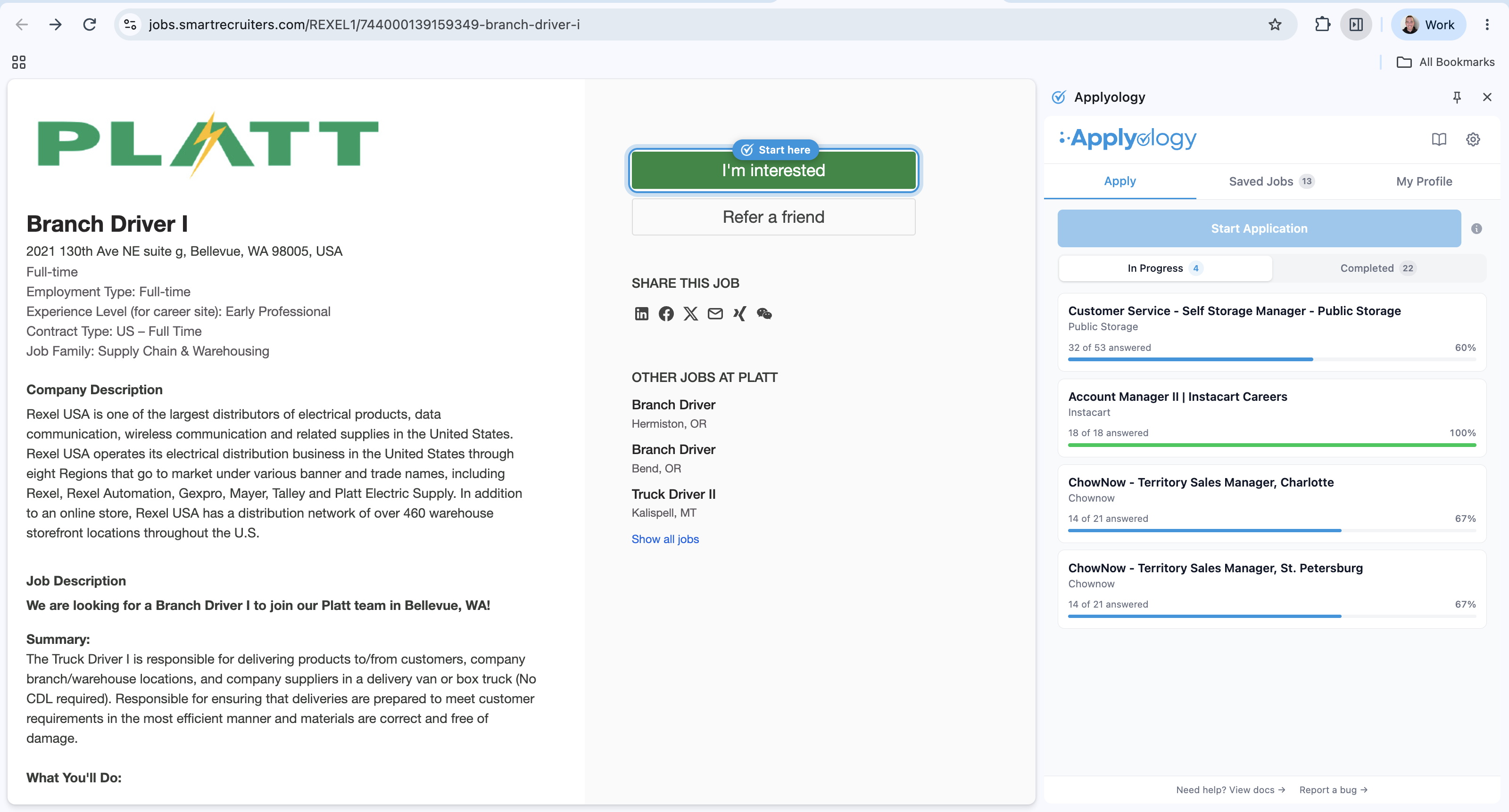SmartRecruiters job posting with the "I'm interested" button highlighted by an Applyology "Start here" ring
