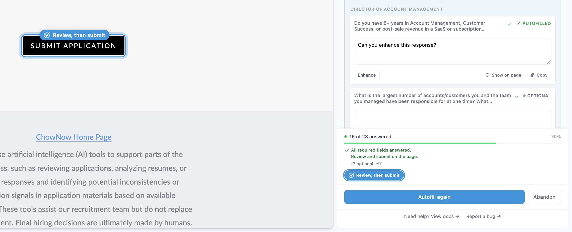 Lever "Submit application" button highlighted by an Applyology "Review, then submit" ring, next to the review cards in the side panel