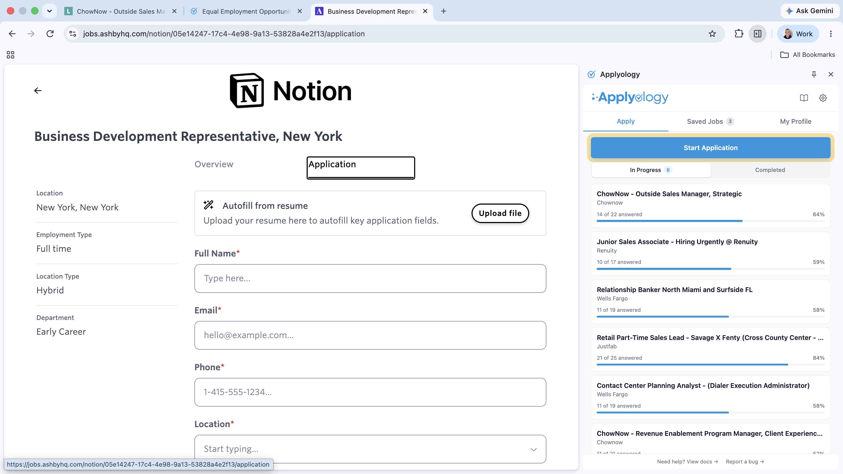 Ashby application with the "Application" tab selected and the Applyology panel's "Start Application" button highlighted