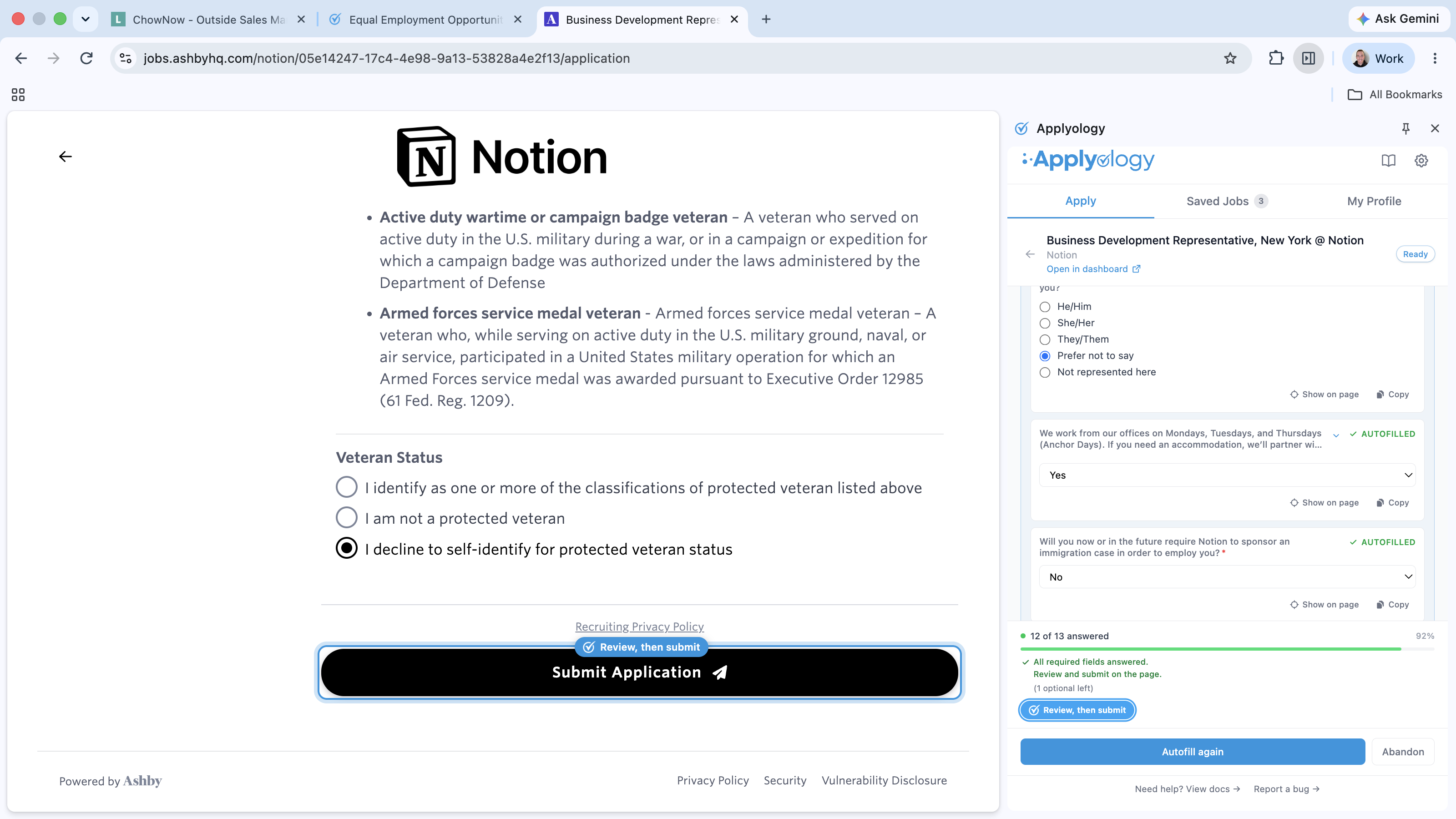 Ashby application near the end with a "Review, then submit" ring around the "Submit Application" button, next to the Applyology panel showing autofilled answers and an "All required fields answered" banner