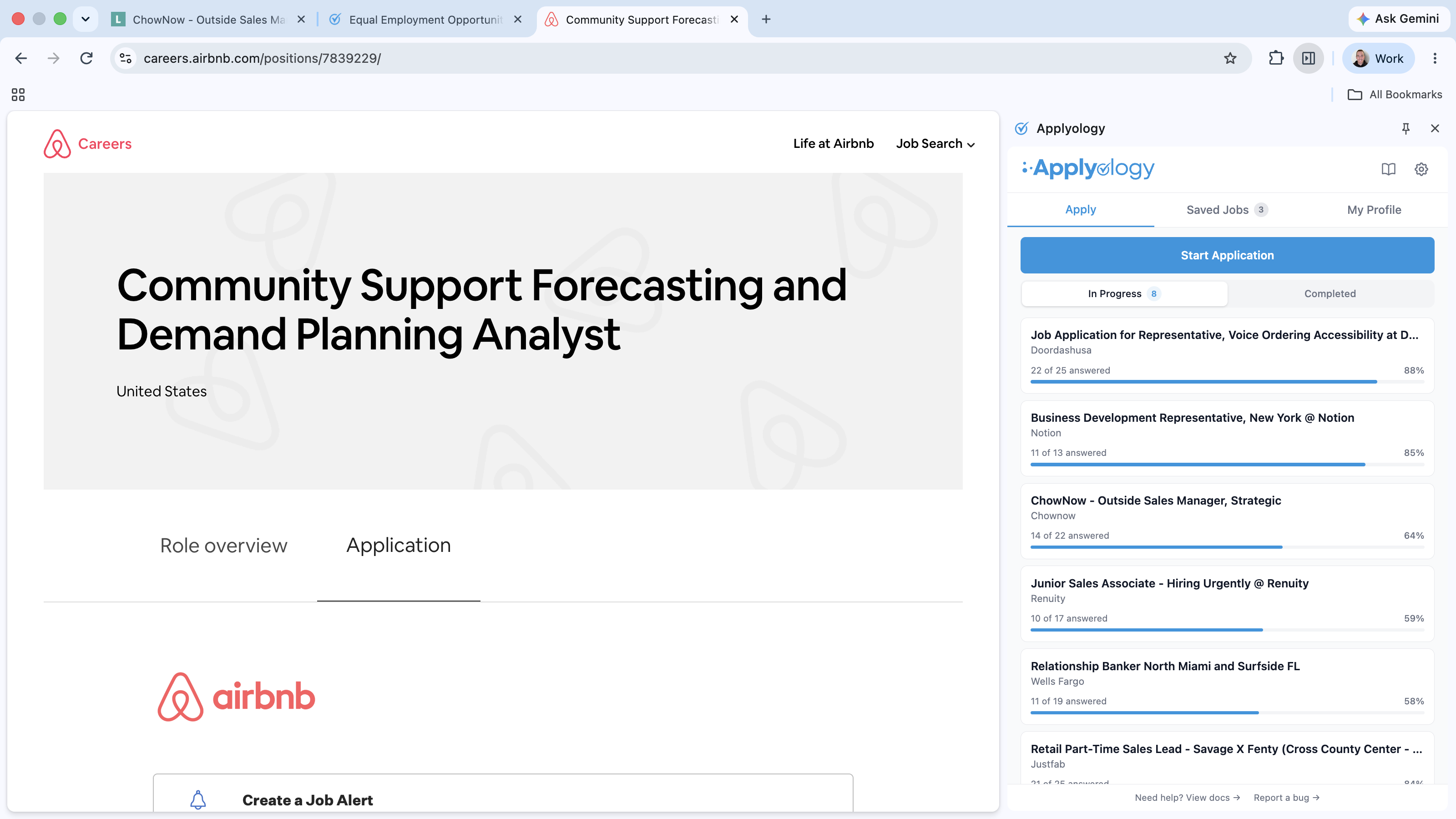 Airbnb careers page with Role overview and Application tabs, the Application tab revealing the embedded Greenhouse form, next to the Applyology panel showing Start Application