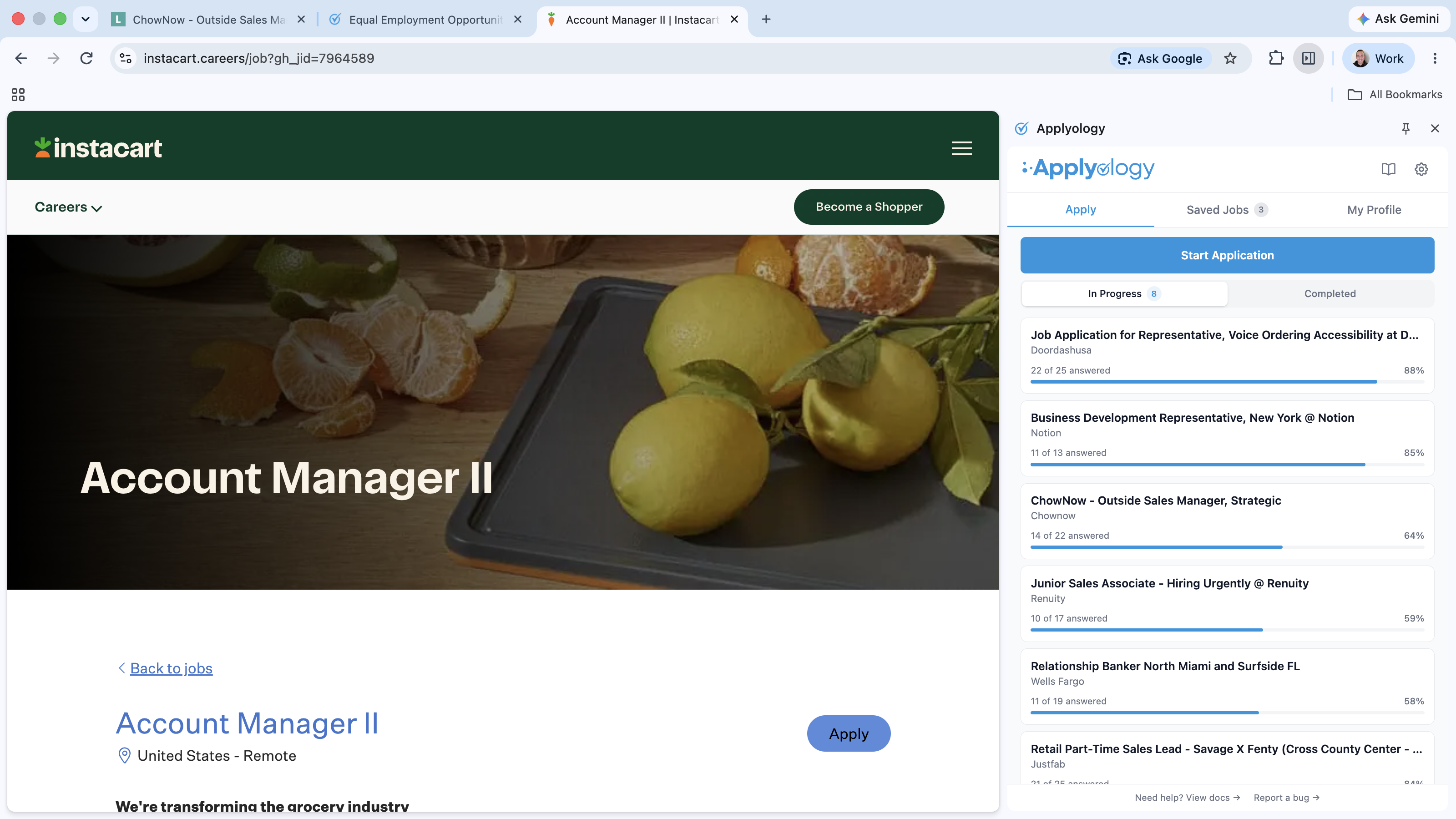 Instacart careers page with the Greenhouse form embedded directly and an Apply button, next to the Applyology panel showing Start Application