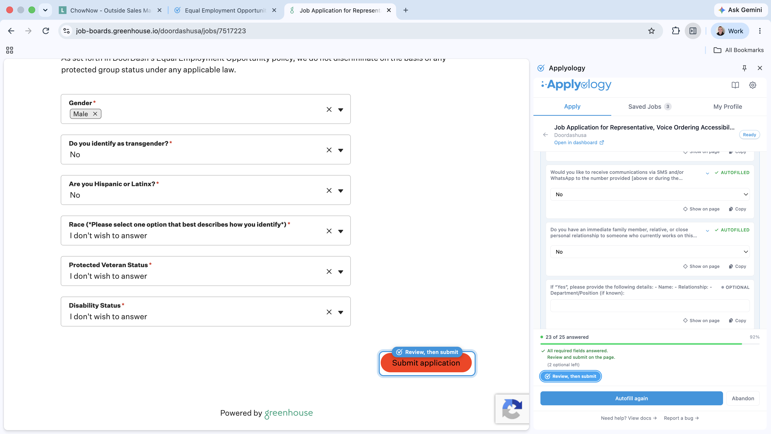 Greenhouse application with a "Review, then submit" ring around the "Submit application" button, next to the Applyology panel showing autofilled answers and an "All required fields answered" banner